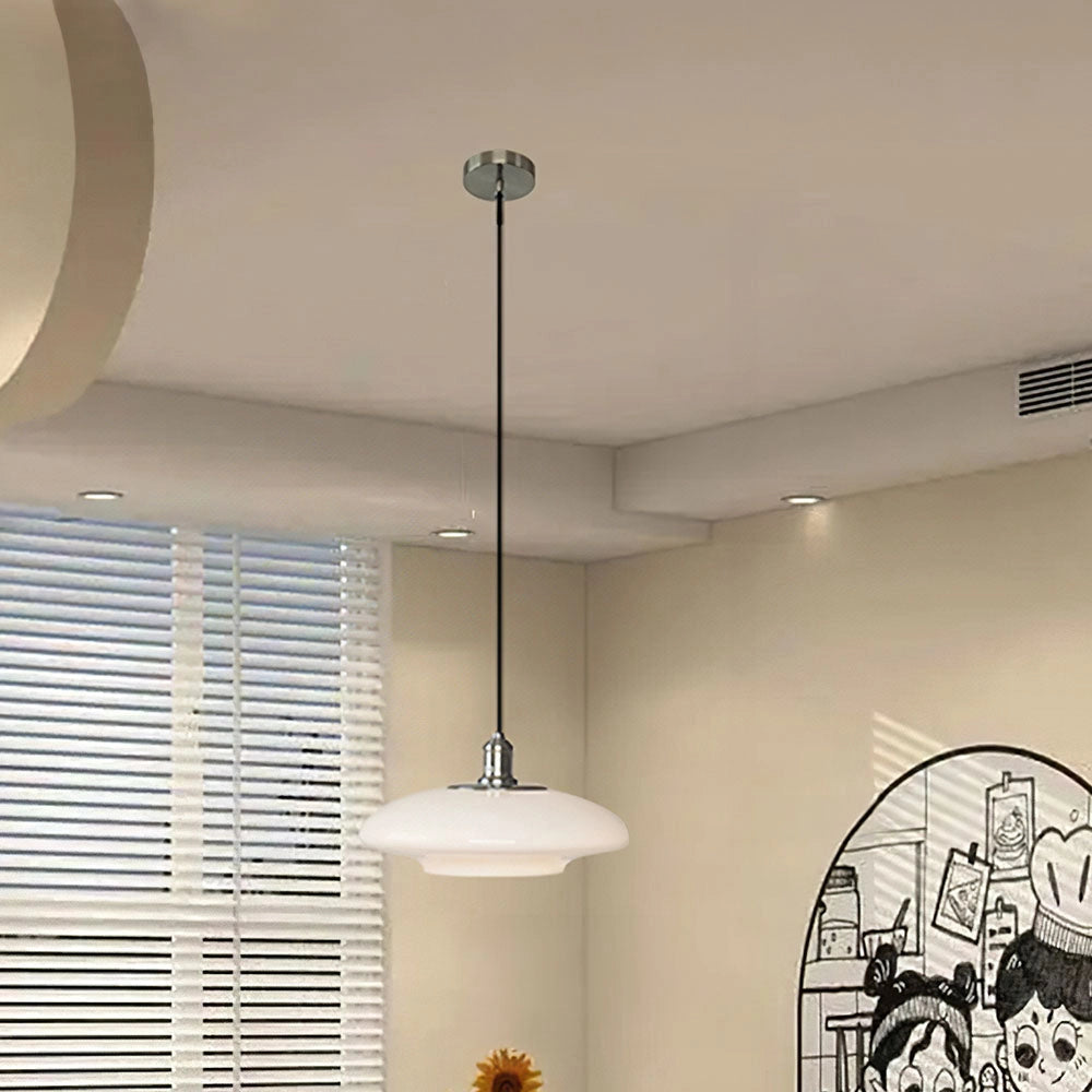 A modern minimalist pendant light with a frosted glass shade and adjustable height, featuring wooden accents, designed for interior lighting.