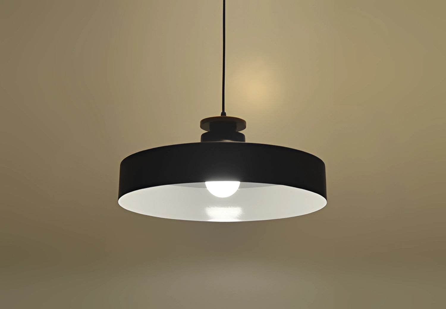 Modern minimalist pendant lights in black and white with a Scandinavian design, featuring sleek metal and wood elements, hanging from the ceiling with circular shades.