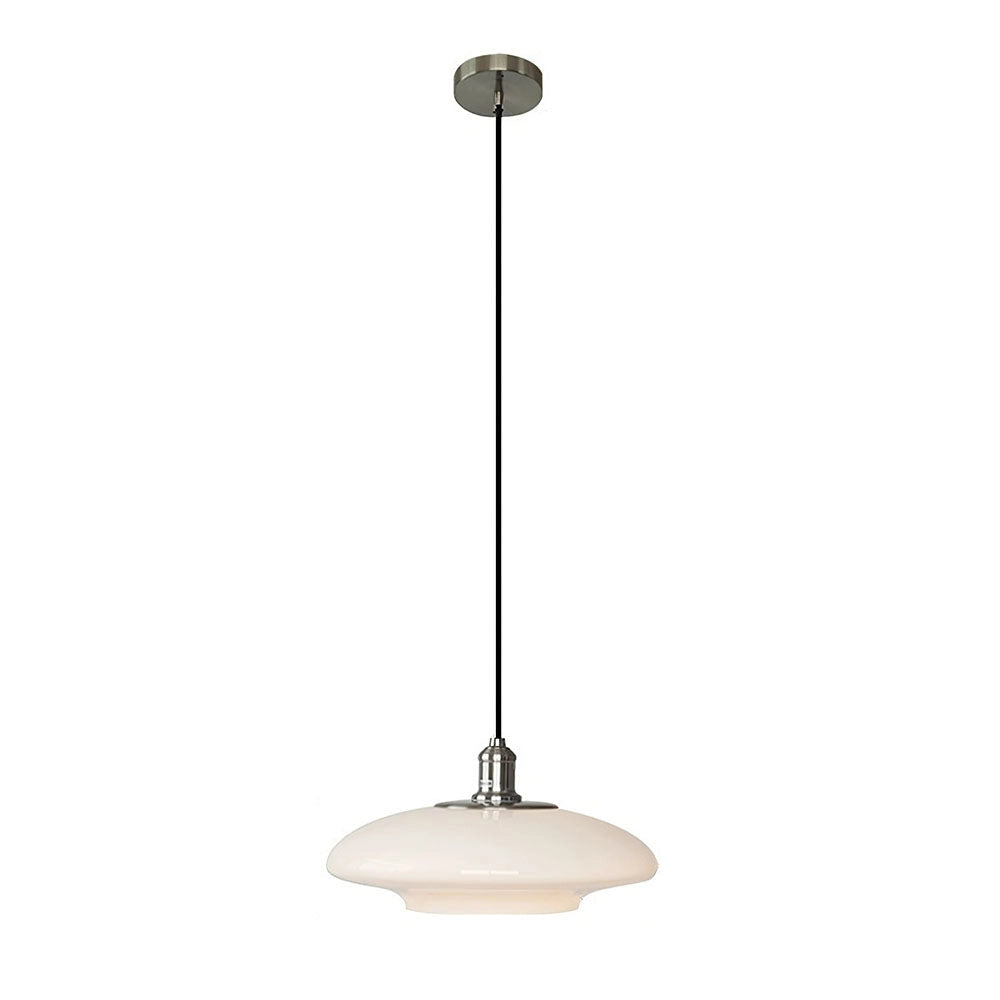 Modern minimalist pendant light with frosted glass shade, featuring an adjustable height, hanging from the ceiling in a contemporary interior design setting.