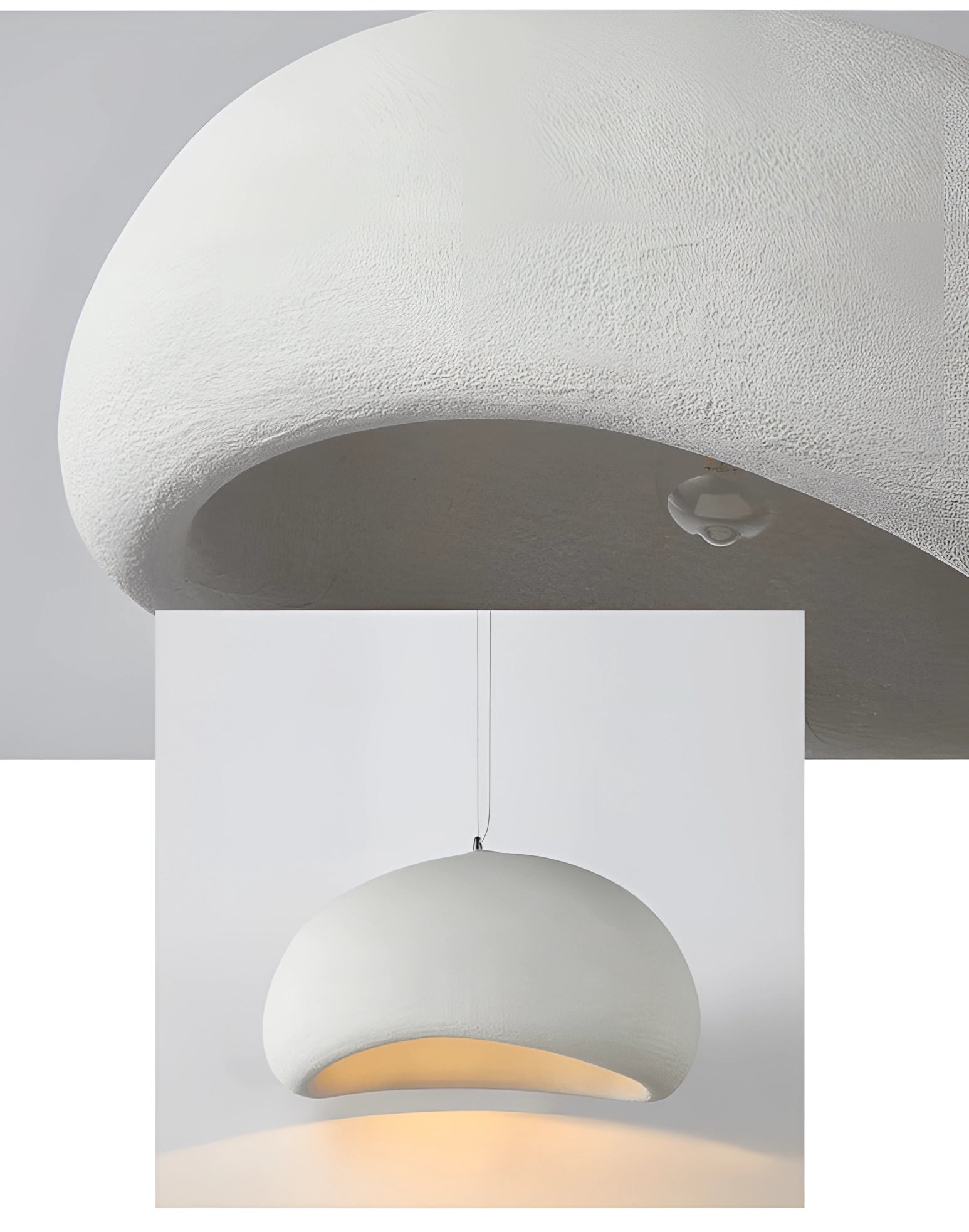 Modern minimalist pendant lights with a Scandinavian design, featuring beige shades in a rectangular and circular shape, suspended from the ceiling as kitchen lighting fixtures.