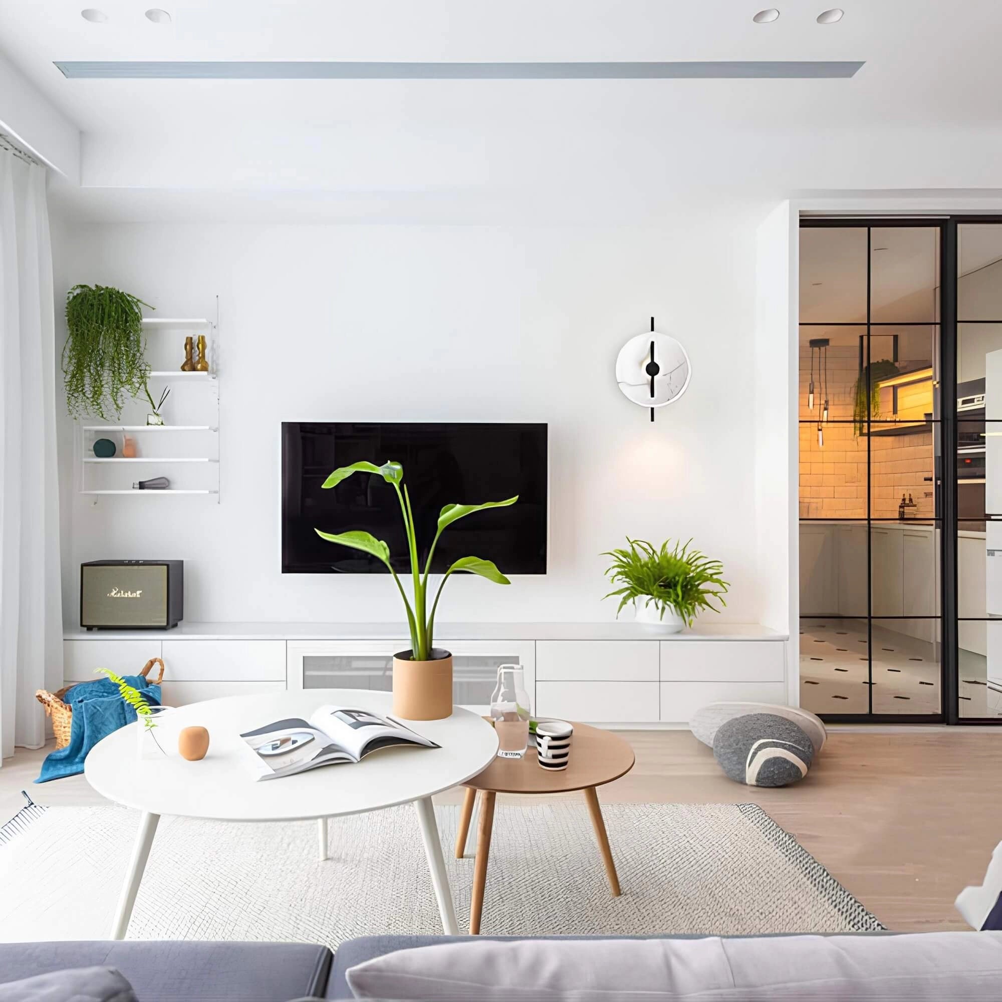 Modern minimalist silver round wall clock mounted on a white wall above a sleek wooden table with a potted houseplant, creating an elegant and contemporary decor setting alongside a comfortable couch.