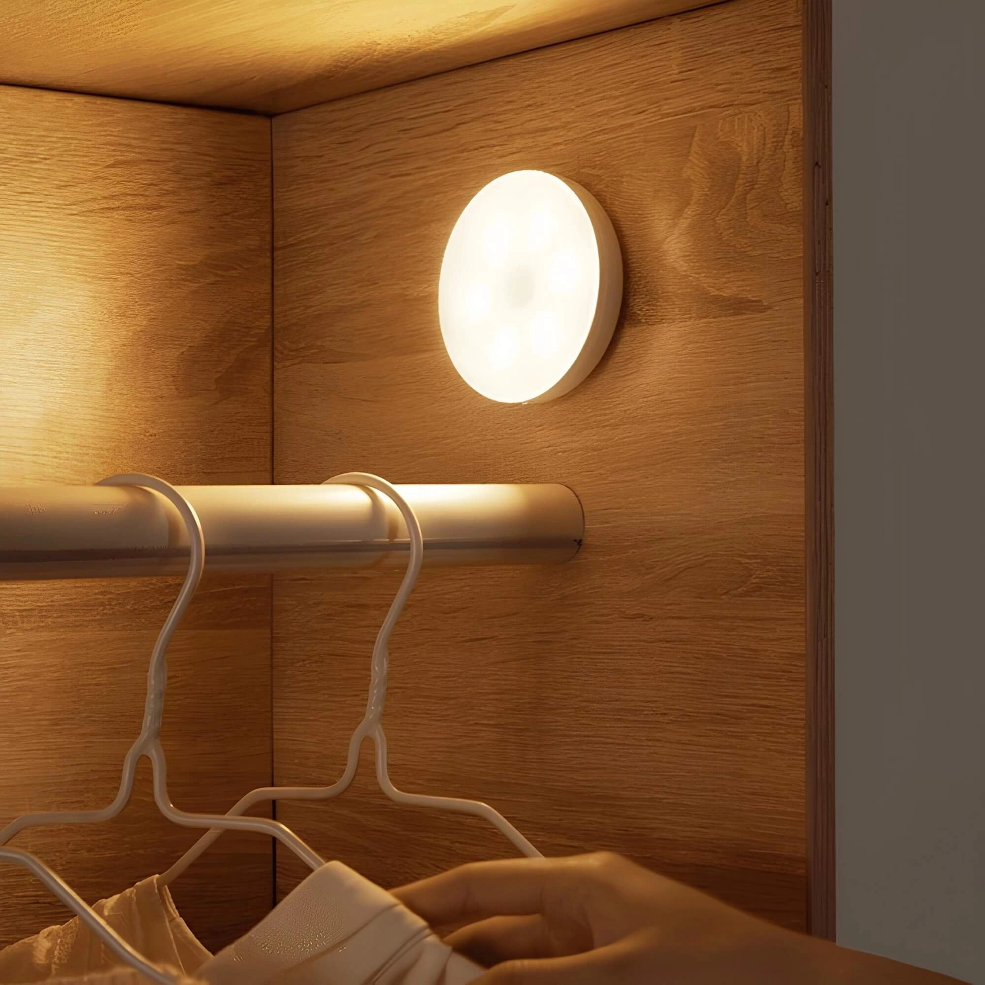 Modern minimalist wall lamp with a warm white LED light, featuring a stylish wooden design and brown hardwood finish, enhancing comfort and decor in an interior setting.