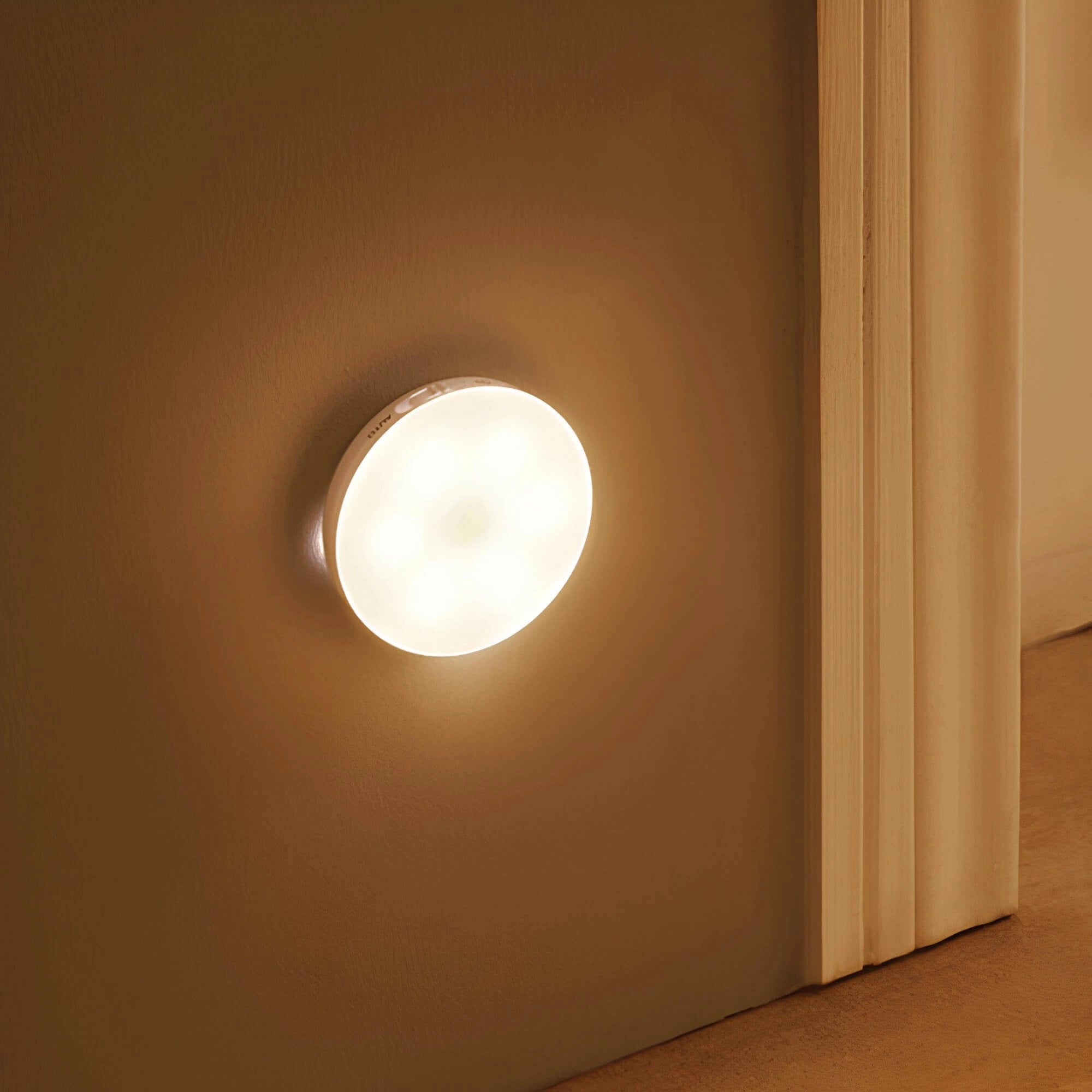 Modern minimalist wall lamp with a circular wooden fixture, featuring a warm white LED light, mounted on a plaster wall, adding stylish decor to a space.