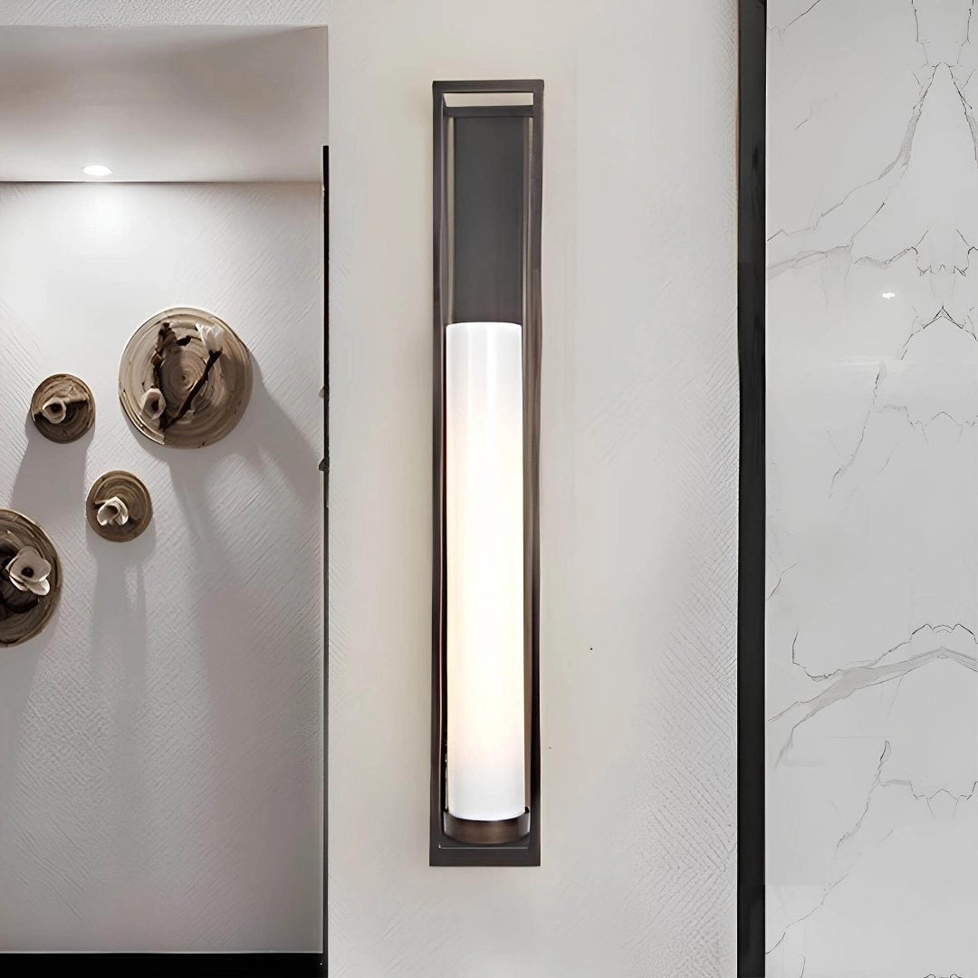 Modern minimalist wall-mounted LED light fixture with a rectangular design, featuring a combination of wood and metal elements, mounted on a ceiling.