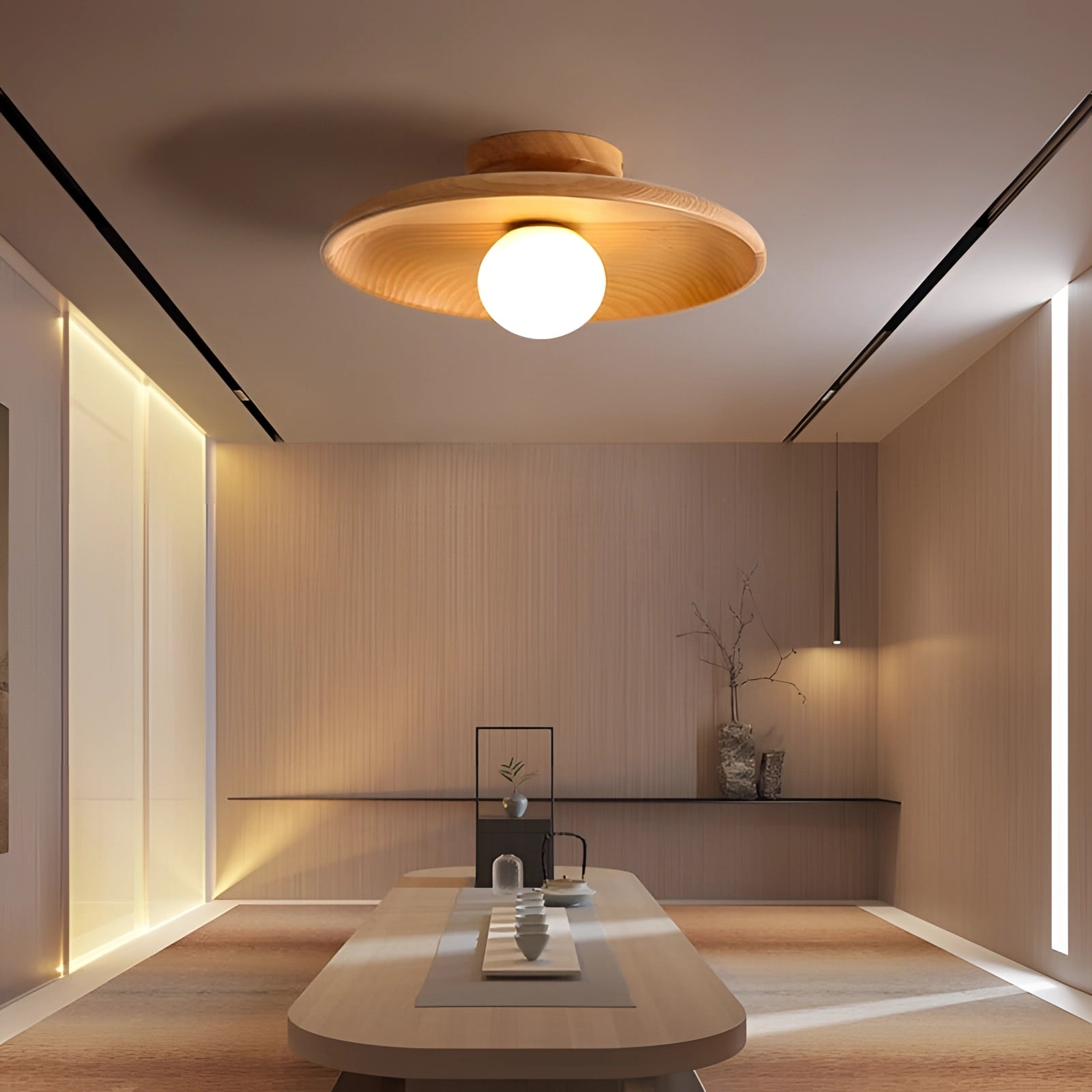 Modern minimalist warm-tone wooden ceiling light with a soft ambient glow, dark wood variant, 28CM, illuminating a stylish interior space with houseplants and contemporary decor.