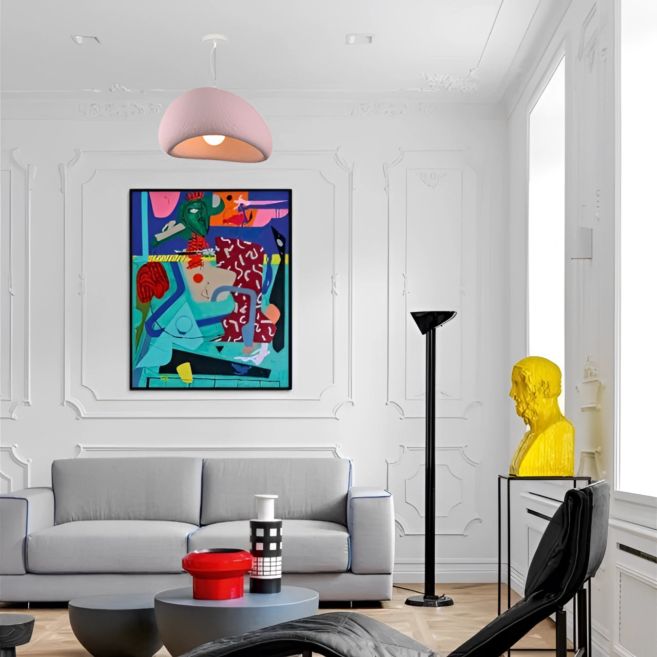 Modern minimalist pink dome pendant light hanging in an elegantly decorated interior space, illuminating the area with a soft, warm glow.