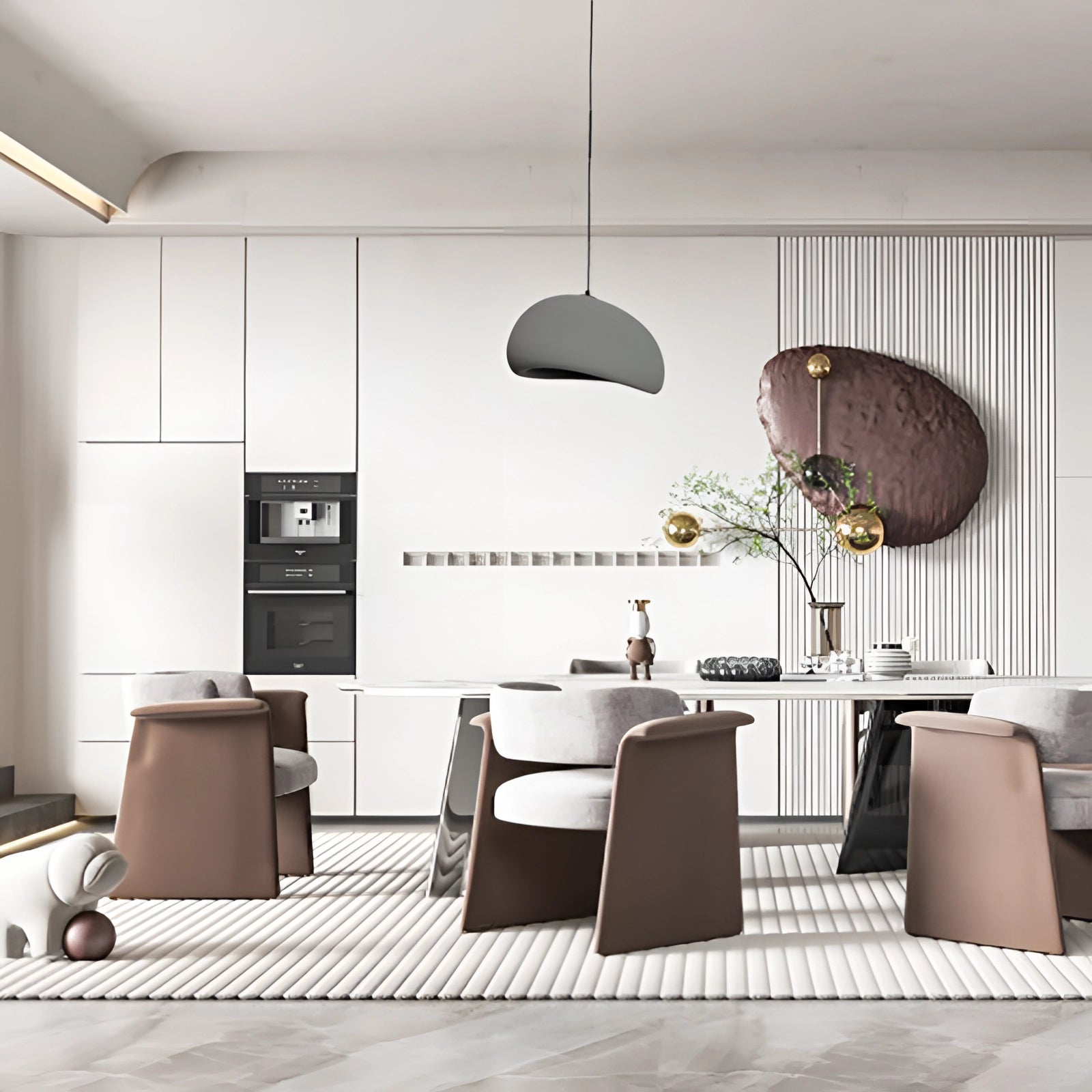 Modern minimalist white dome pendant light hanging over a gray table in a stylish living room with wooden flooring and elegant furniture.
