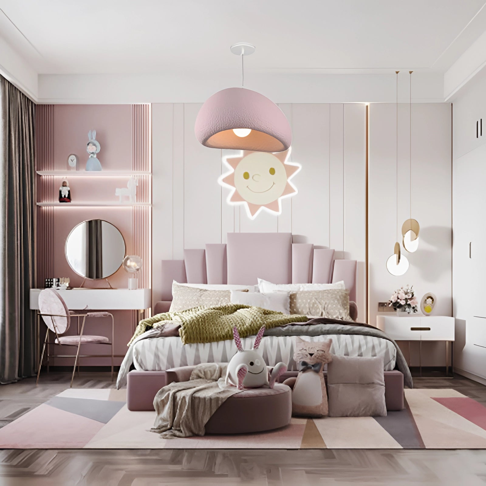 A modern minimalist pendant light with a large pink dome shade, designed to elegantly illuminate and enhance interior decor. The light is positioned above a contemporary living space featuring a grey couch and wooden cabinetry, exemplifying a stylish and comfortable setting.