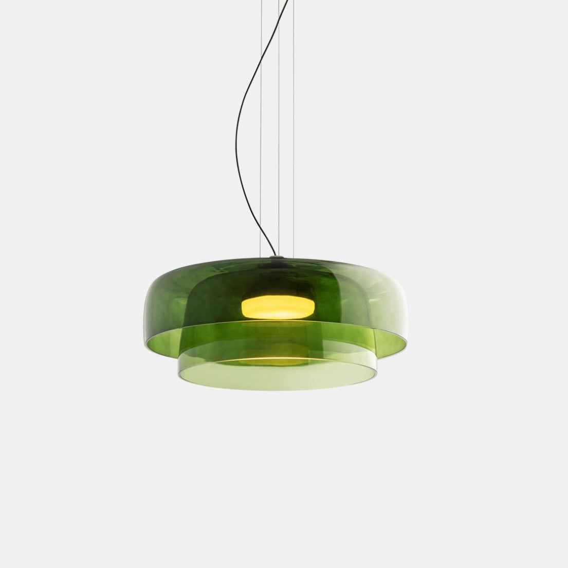 Modern multi-colored glass pendant light with green glass shade, two levels, ceiling-mounted contemporary designer lamp.