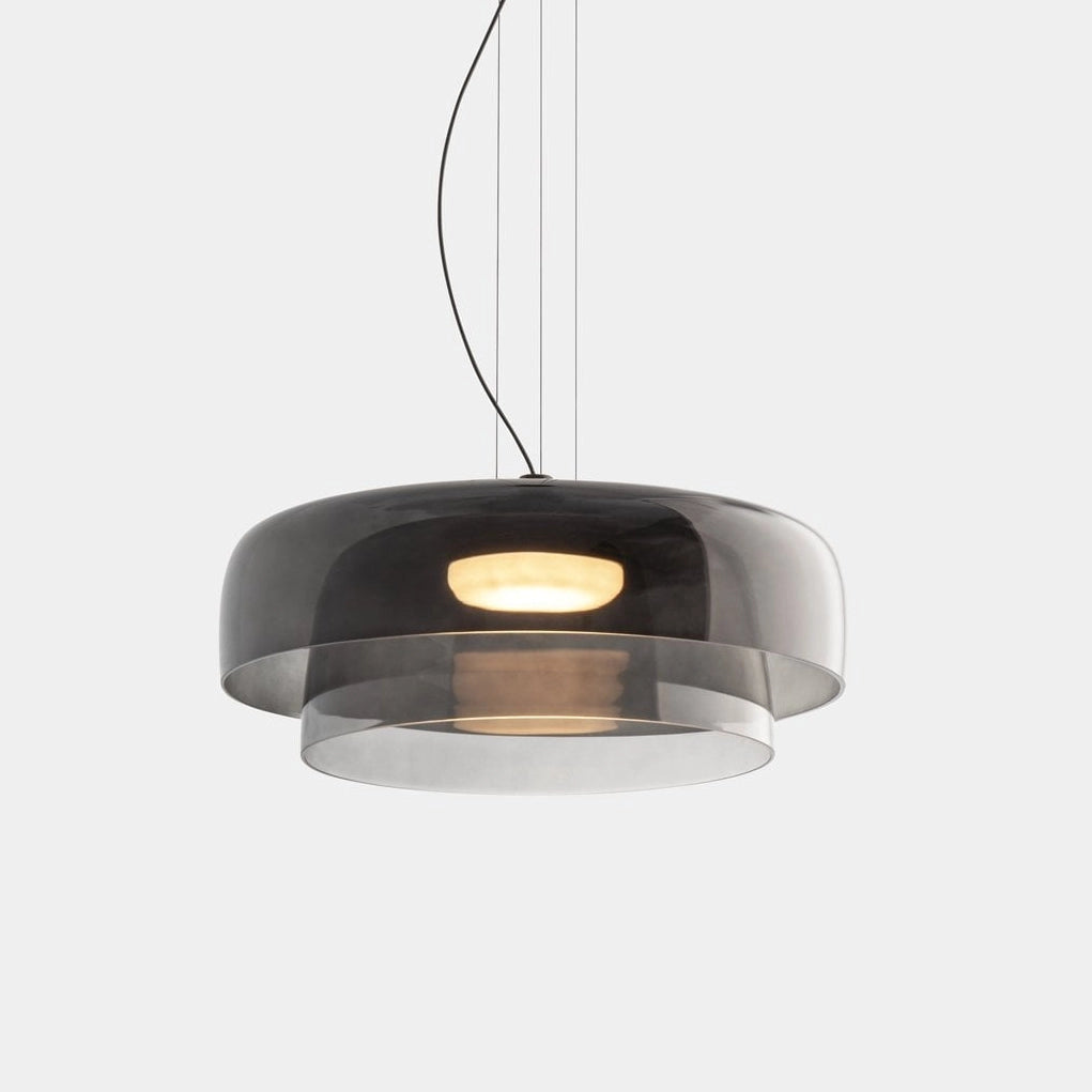 Modern multi-colored glass pendant light with a contemporary design, featuring a gray finish and two levels, measuring 40cm in diameter and 18cm in height, hanging from the ceiling.