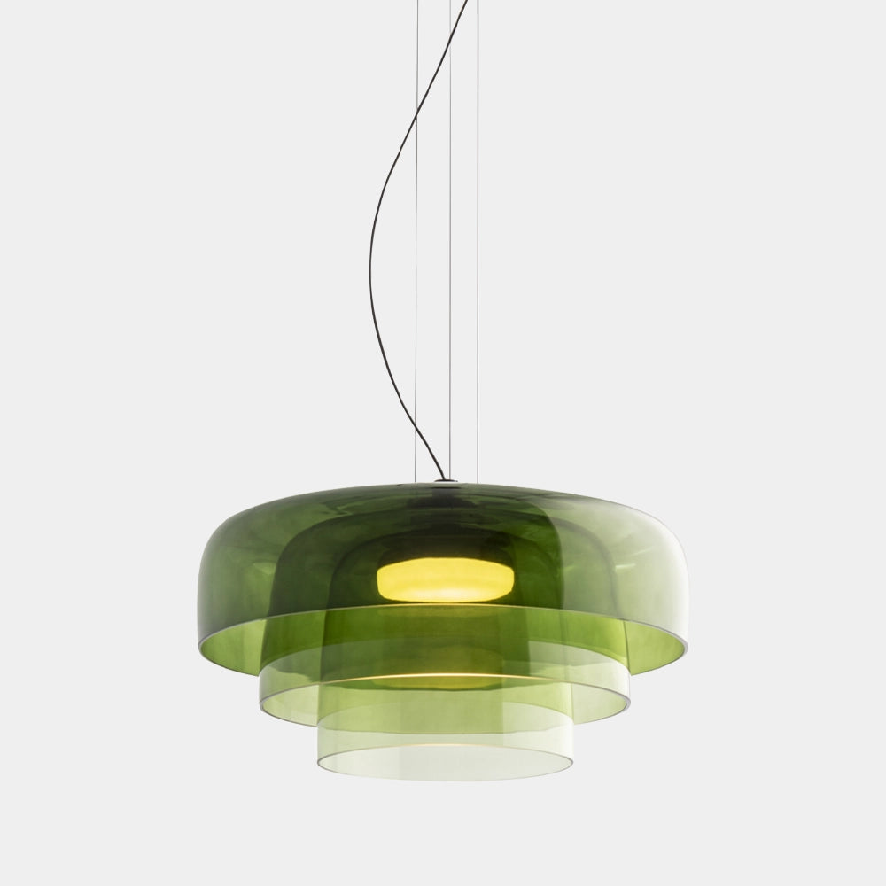 Modern multi-colored glass pendant light with green accents, featuring a 3-tier design, dimensions D42*H26cm, contemporary designer lamp.