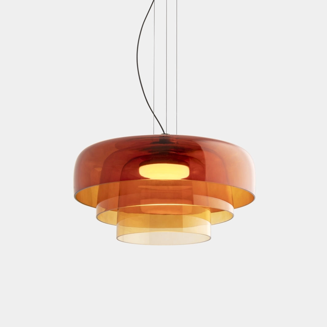 Modern multi-colored glass pendant light with orange tints in a 3-tier design, 42cm diameter and 26cm height, featuring a contemporary ceiling fixture.
