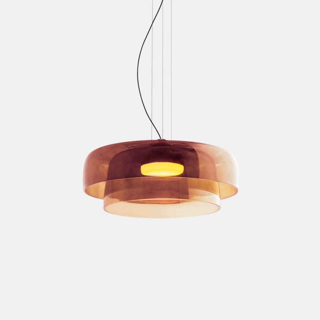 Modern multi-colored glass pendant light with orange hue, two levels, and dimensions D40*H18cm, featuring a contemporary design suspended from the ceiling.