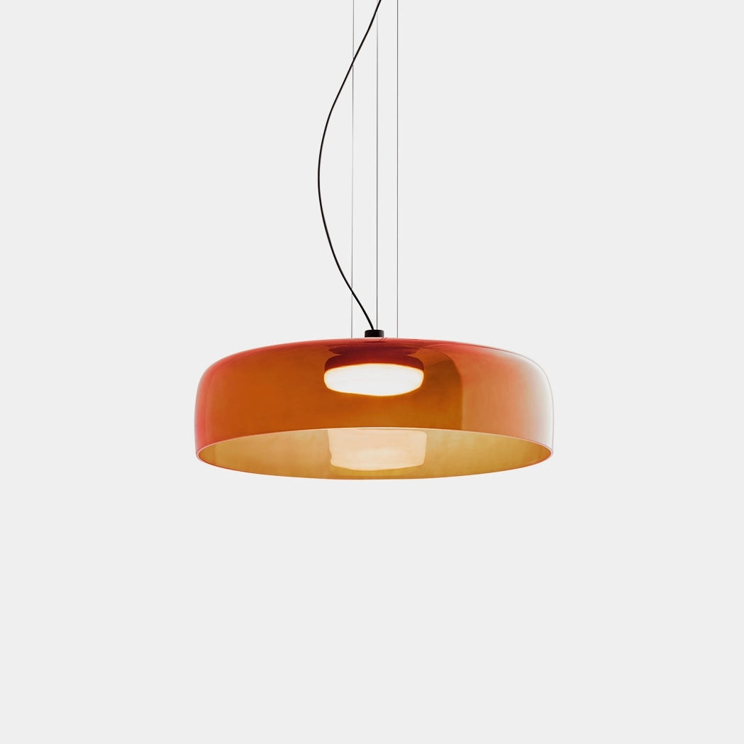 Modern multi-colored glass pendant light with an orange hue, contemporary designer lamp featuring a wooden ceiling fixture, 1 level, size D42*H11cm.