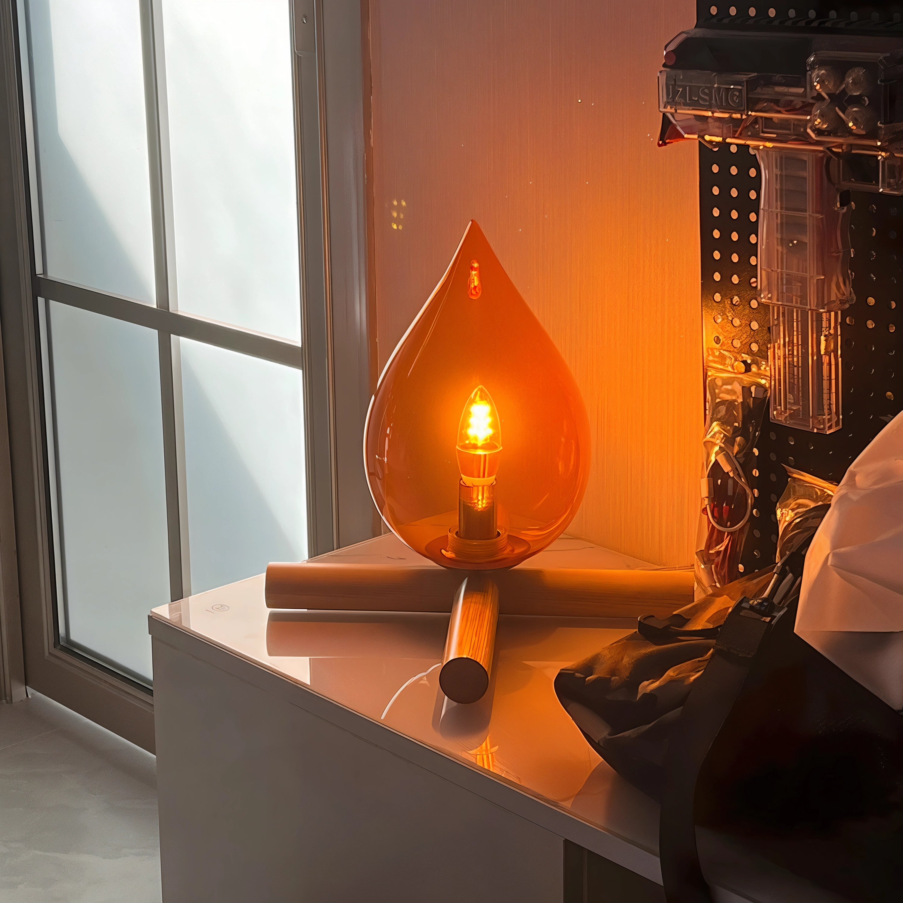 Modern orange glass flame lamp with an artistic design, placed on a wooden table, enhancing the interior decor with its warm amber glow.