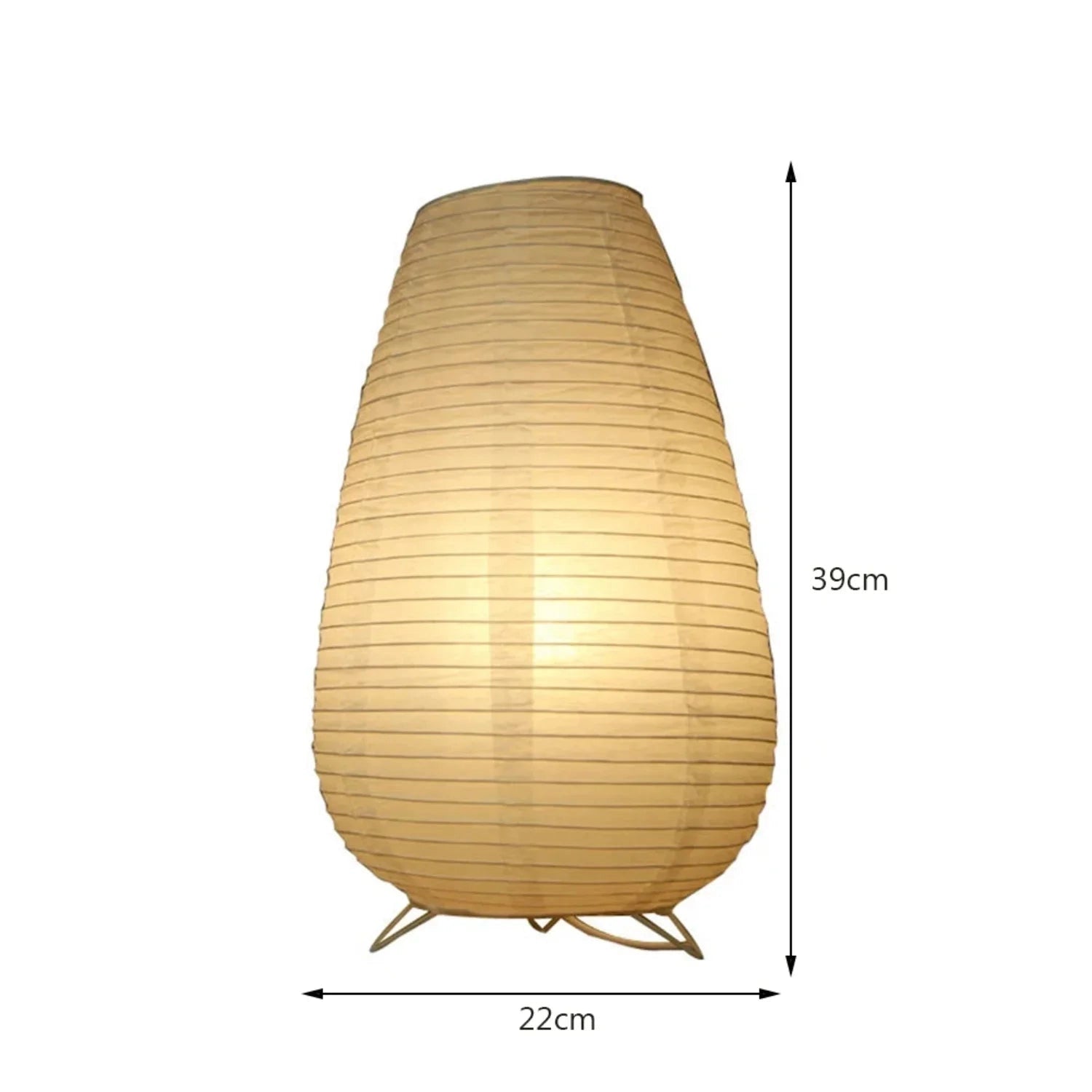 Modern oval-shaped paper floor lamp with an energy-efficient LED bulb, featuring a sleek wooden base. The lamp is positioned next to a green terrestrial plant, adding a natural touch to the setting. The lampshade design complements contemporary interior decor, with artistic elements visible in the surroundings.