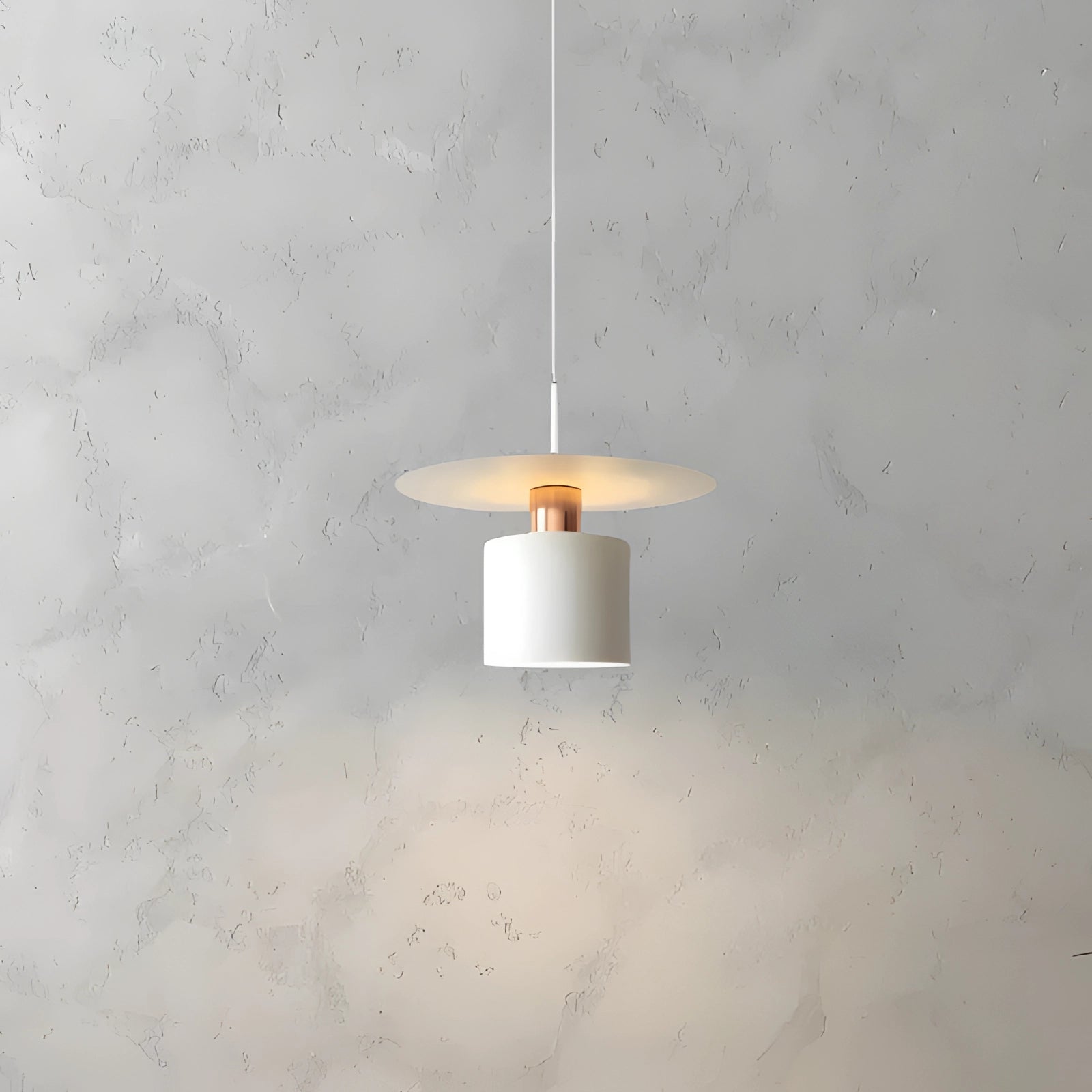 Modern white Scandinavian minimalist pendant light with a 30 cm lampshade, featuring a sleek design with a combination of metal and wooden accents, hanging from the ceiling.