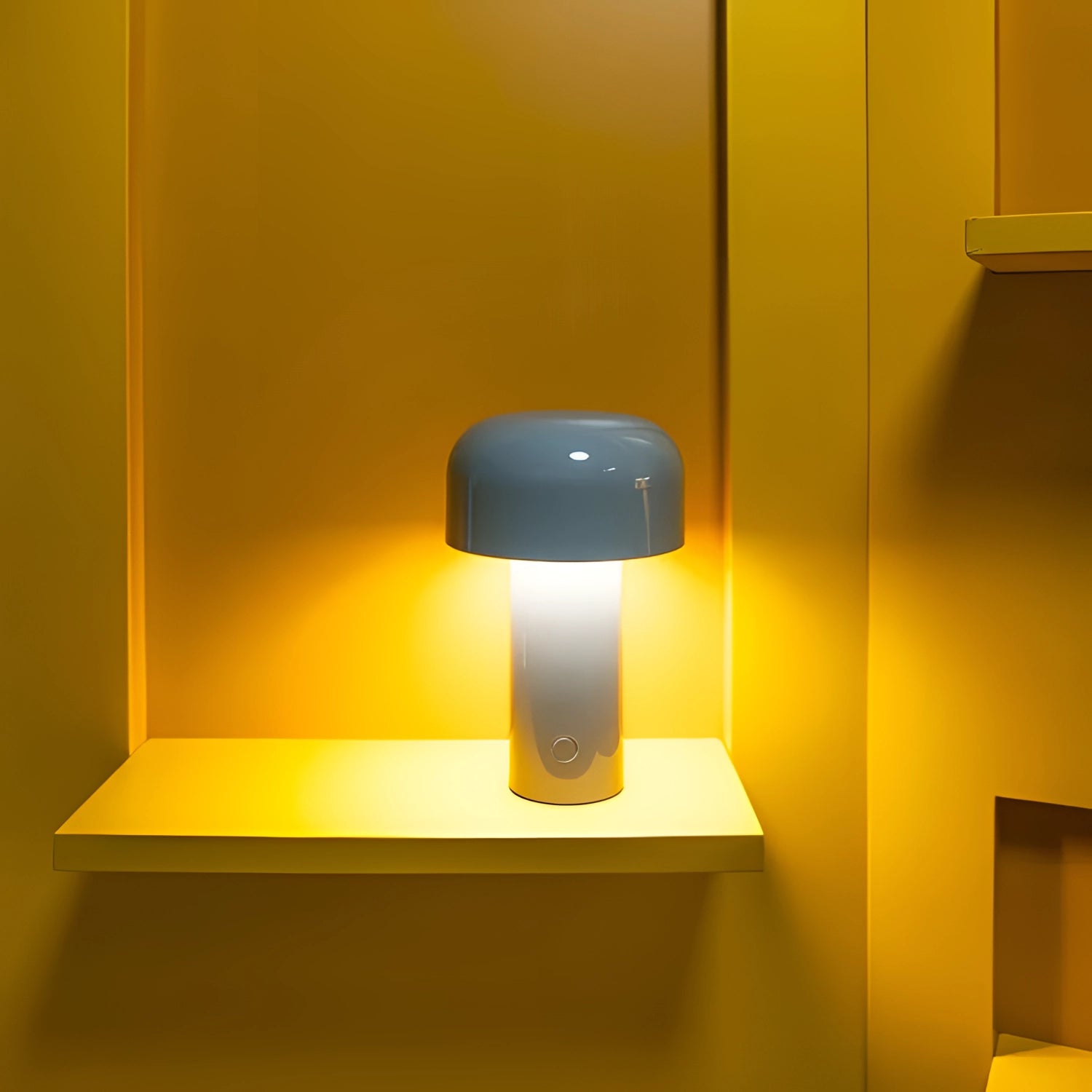 Modern portable wireless LED lamp with a sleek design and touch control, placed on a wooden shelf. The lamp is situated in a room setting, showcasing its contemporary look and smooth finish, next to a computer monitor accessory.