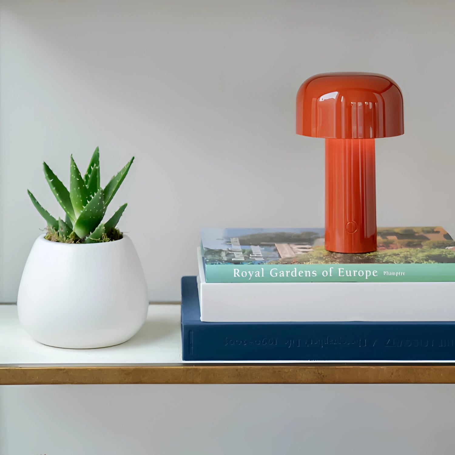 Modern portable wireless LED lamp with sleek design and touch control placed on a wooden shelf alongside a potted houseplant.