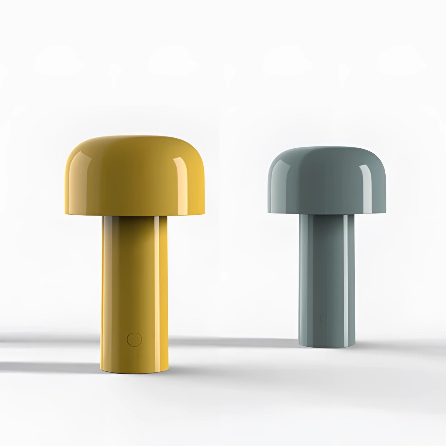 Modern portable wireless LED lamp with a sleek design and touch control, placed on a rectangular wooden table, featuring a circular metal base and a minimalist light fixture.