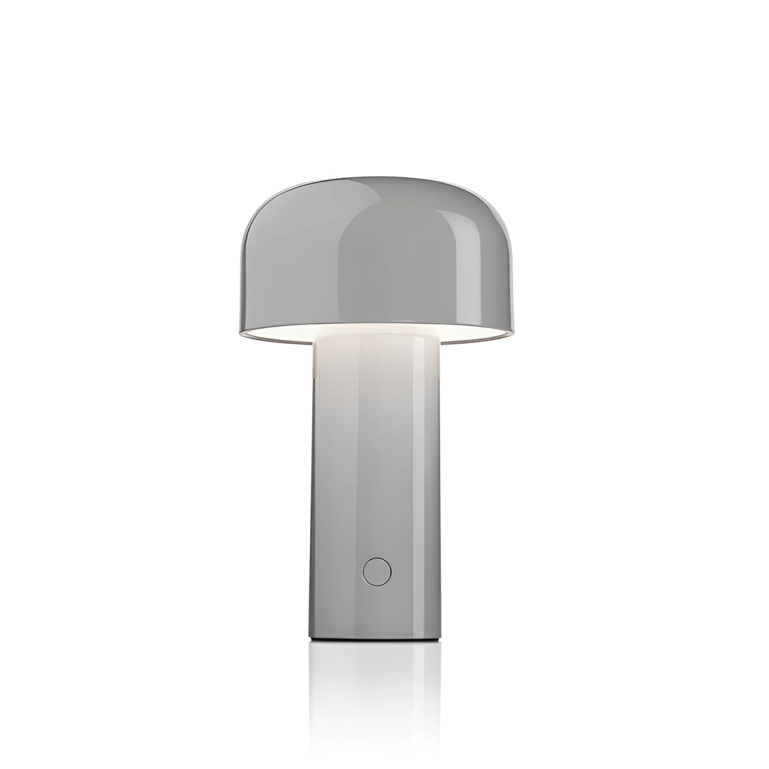 Modern portable wireless LED lamp in gray color with a sleek design, featuring a cylindrical shape and touch control interface.