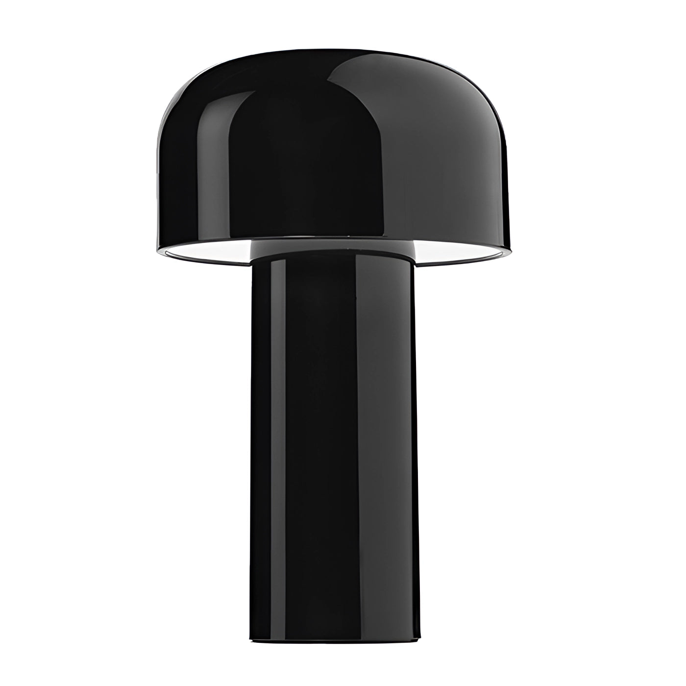 Modern portable wireless LED lamp in black with a sleek design featuring a touch control interface. The lamp has a rectangular and circular shape with metal elements, and emits a soft light, ideal for contemporary interiors.