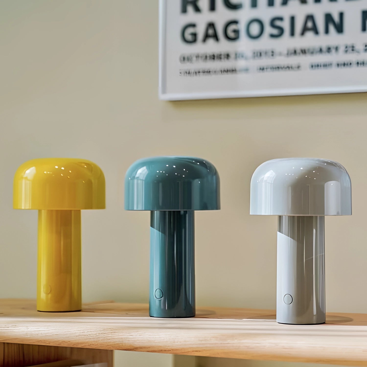 Modern portable wireless LED lamp with a sleek cylindrical design, touch control interface, and a combination of plastic and wood materials, suitable for any room setting.
