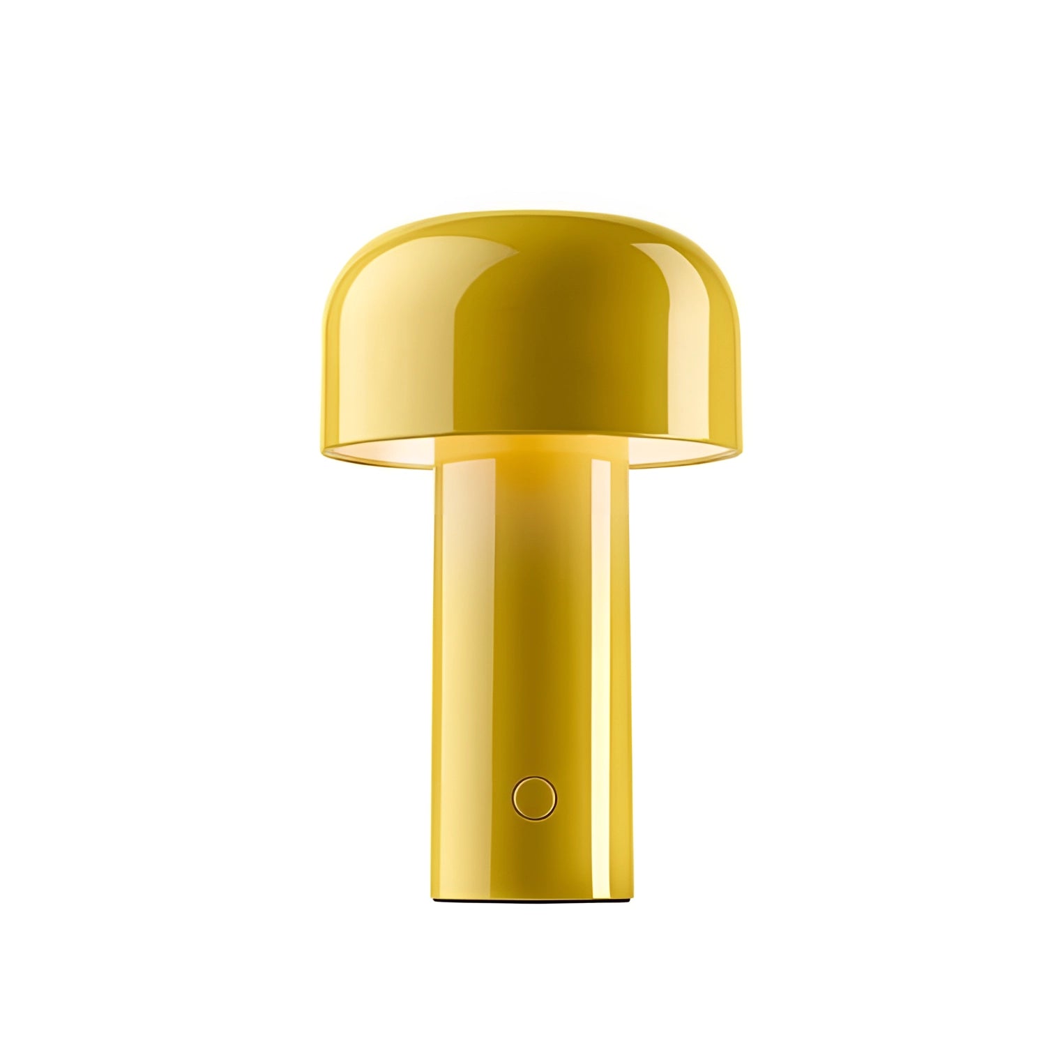 Modern portable wireless LED lamp in yellow with a sleek design and touch control, featuring a circular light fixture atop a rectangular base, placed on a surface next to a small potted plant.