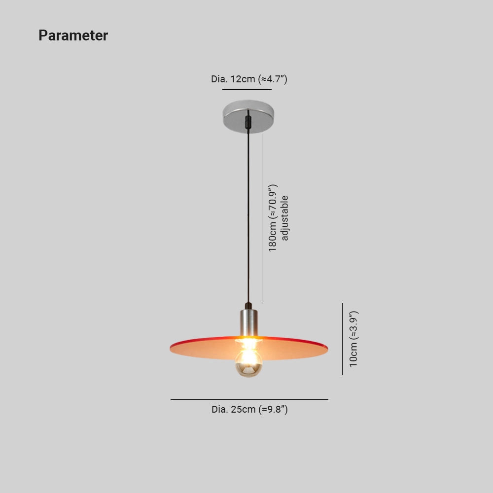 Modern red metallic pendant light with an industrial design, featuring a ceiling fixture and metal construction.