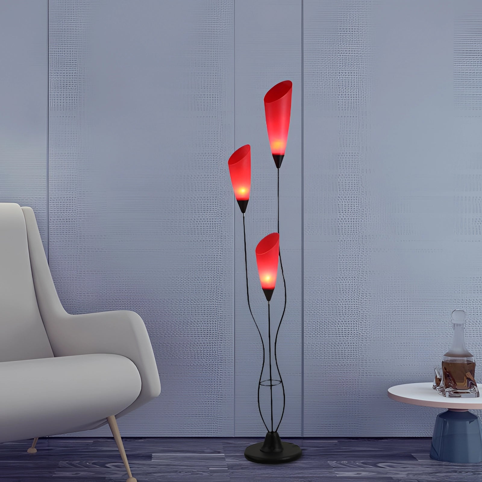 Modern red sculptural floor lamp with an elegant abstract design, featuring a tall rectangular shape and artistic elements, set within a stylish interior space with wood flooring.