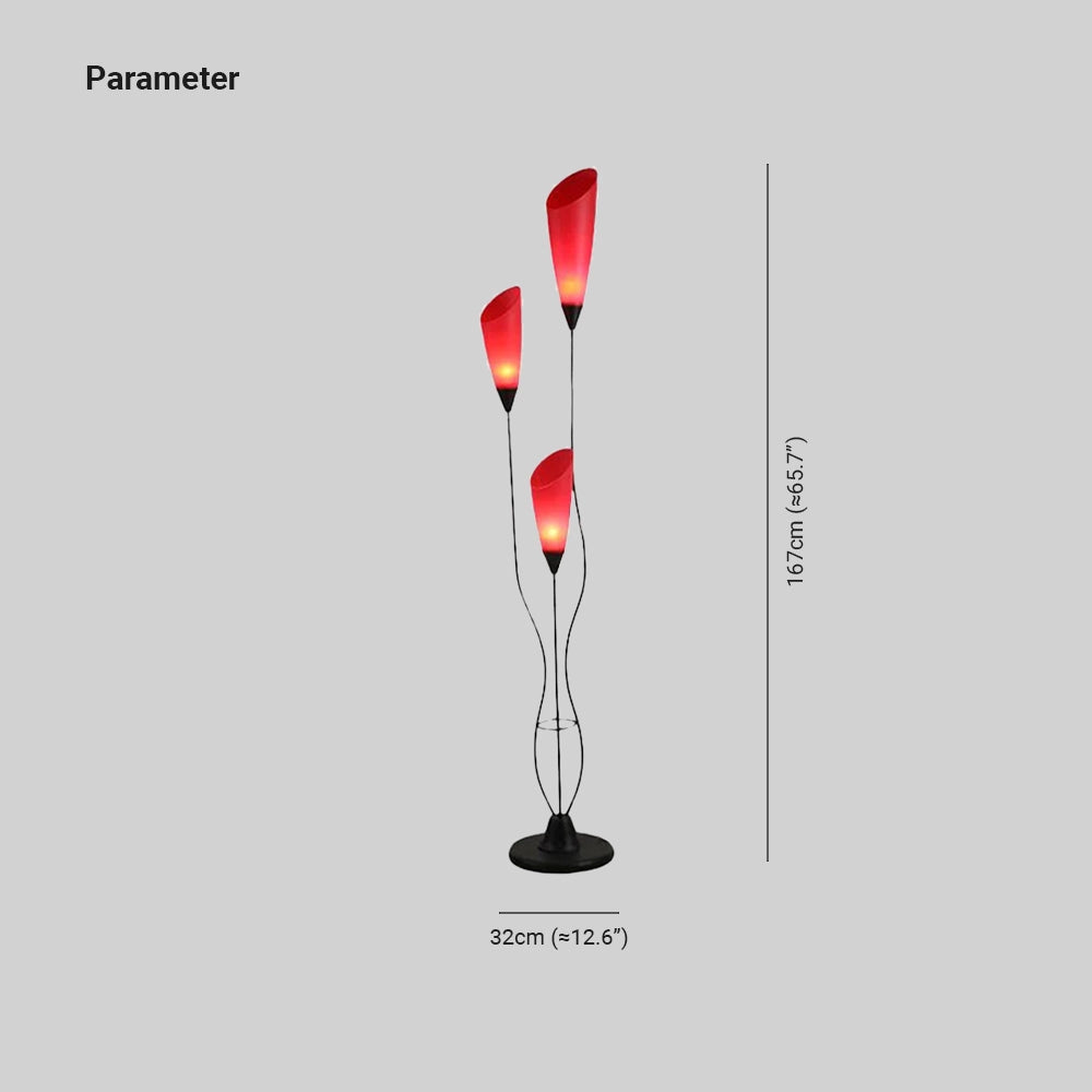 Modern red sculptural floor lamp with an elegant abstract design, featuring a striking carmine and magenta color palette.