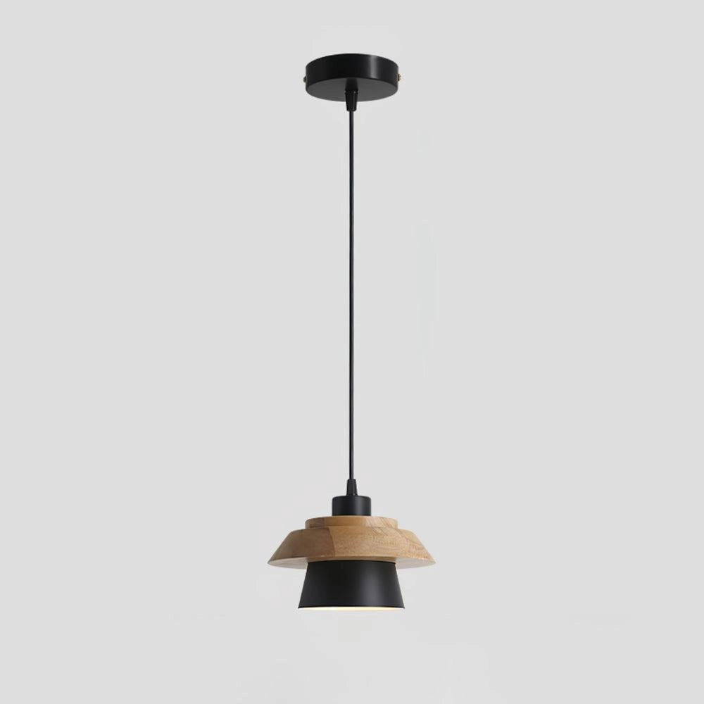 Modern Scandinavian black pendant lamp with a wood accent, featuring a sleek metal design, hanging from the ceiling, intended for kitchen lighting.