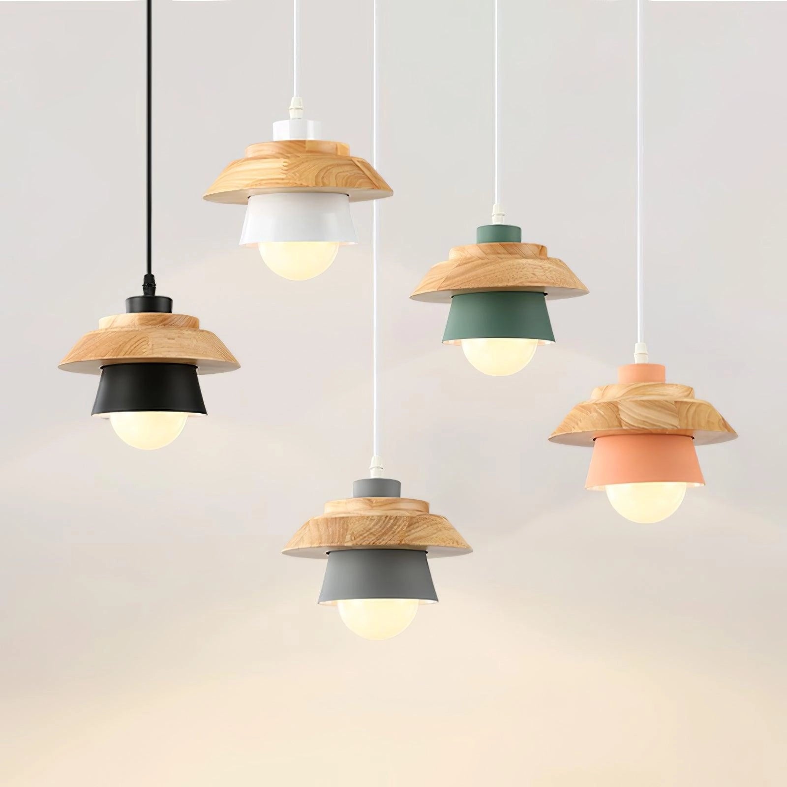 Modern Scandinavian black pendant lamp with a wooden accent, featuring a sleek lampshade and installed as a ceiling fixture, ideal for kitchen interiors with natural and beige tones.