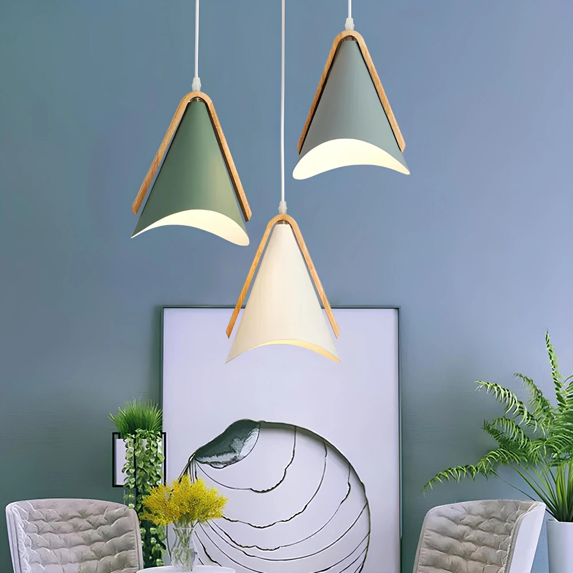 Modern Scandinavian cone pendant lights with wooden accents, elegantly hanging above a kitchen or dining area, surrounded by green plants and leaves, showcasing a blend of natural aesthetics and architectural lighting design.