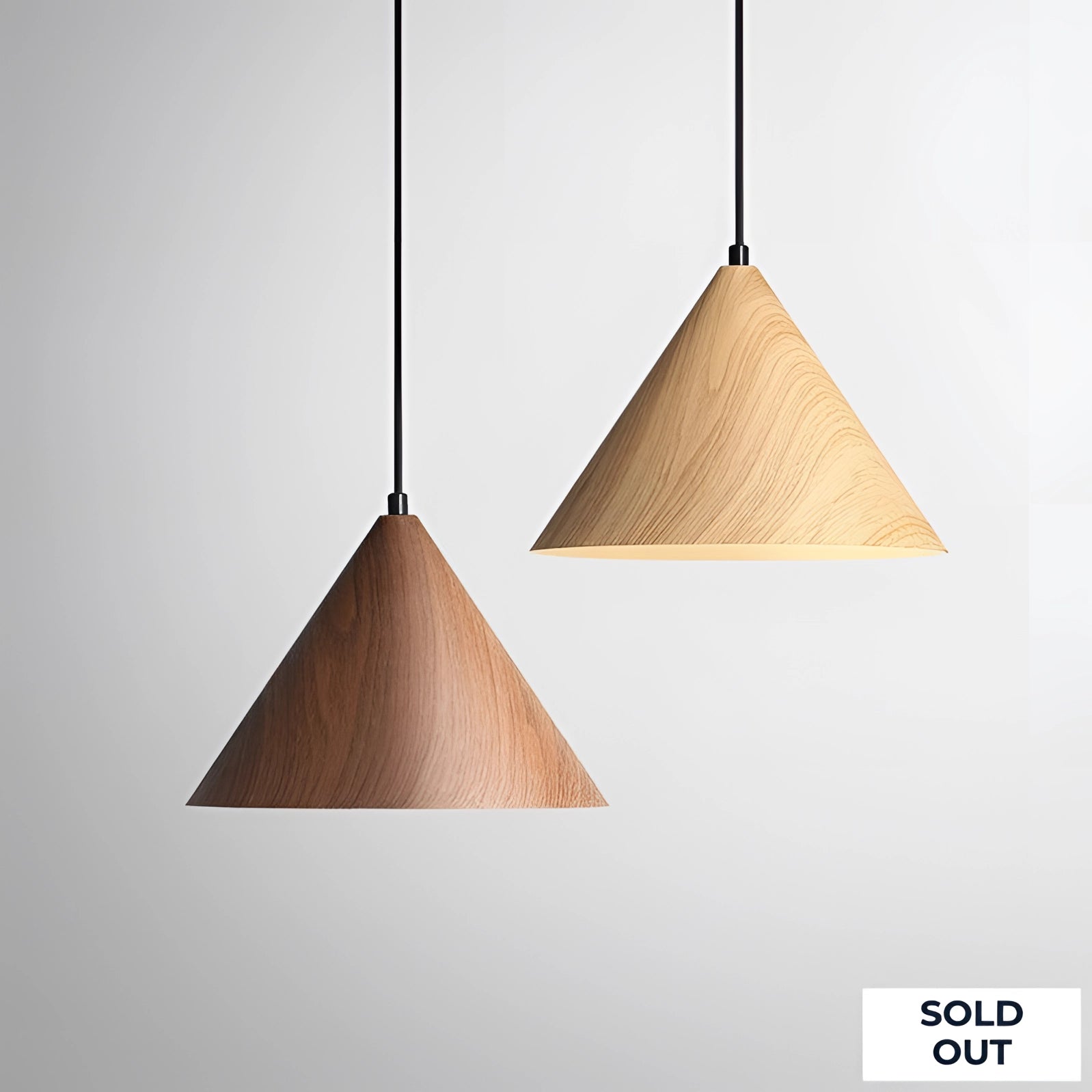 Modern Scandinavian eco-friendly triangular pendant light made of wood, featuring a minimalist design with a warm brown finish, suitable for ceiling installation.