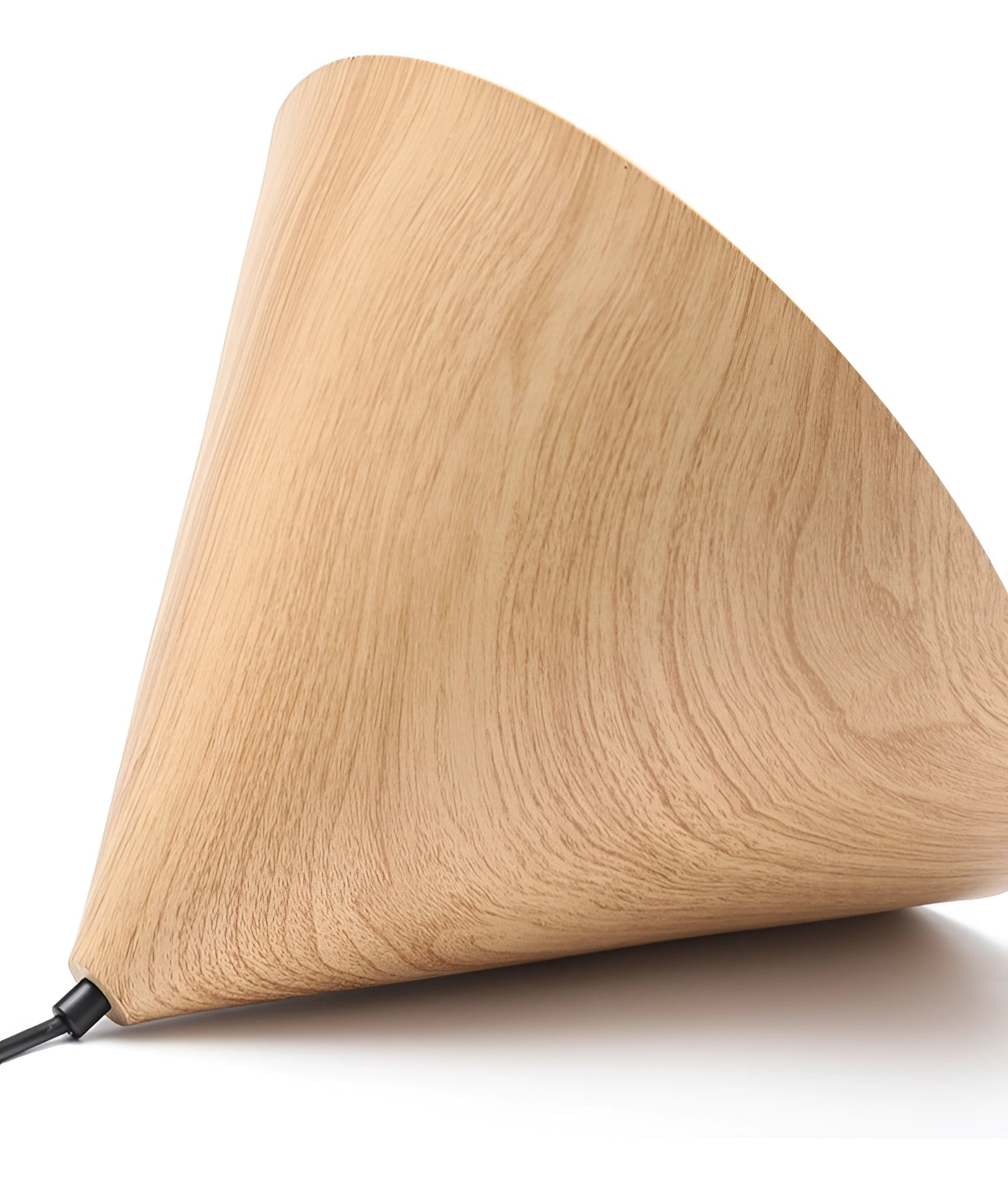 Modern Scandinavian eco-friendly triangle wooden pendant light featuring a sleek, minimalist design with light-colored wood and metal accents.