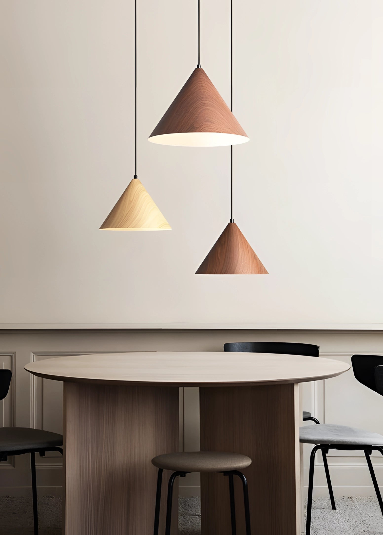 Modern Scandinavian eco-friendly triangle wooden pendant light with a sleek grey finish, showcasing its distinctive triangular design and hardwood construction.