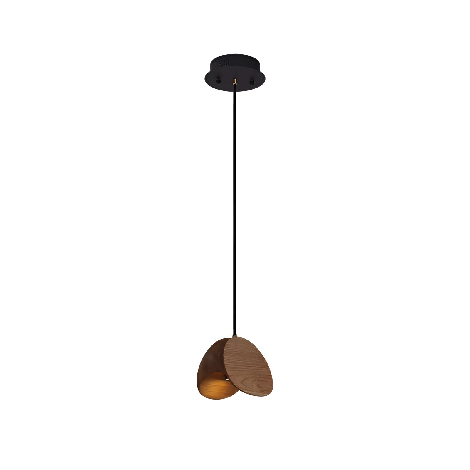 Modern Scandinavian geometric pendant light with wood accent, featuring a single head design measuring 17 x 17 cm. The light fixture is suspended from the ceiling, showcasing a circular geometric pattern and a natural wood finish, adding a stylish and warm touch to interiors.