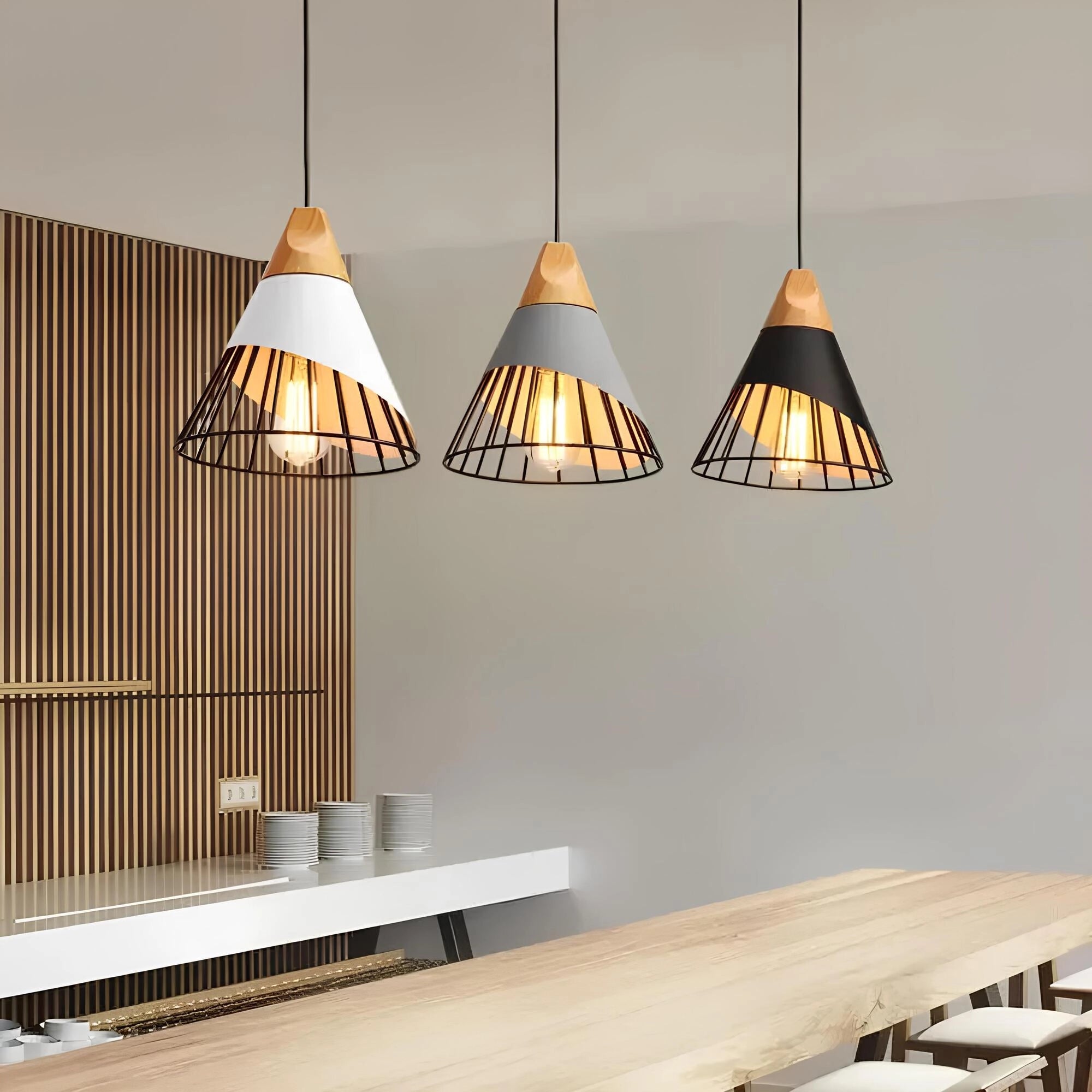 A modern Scandinavian geometric pendant light with a black and white wood finish, featuring a gray shade. The design is minimalist, suitable for contemporary interior spaces and provides ambient lighting.