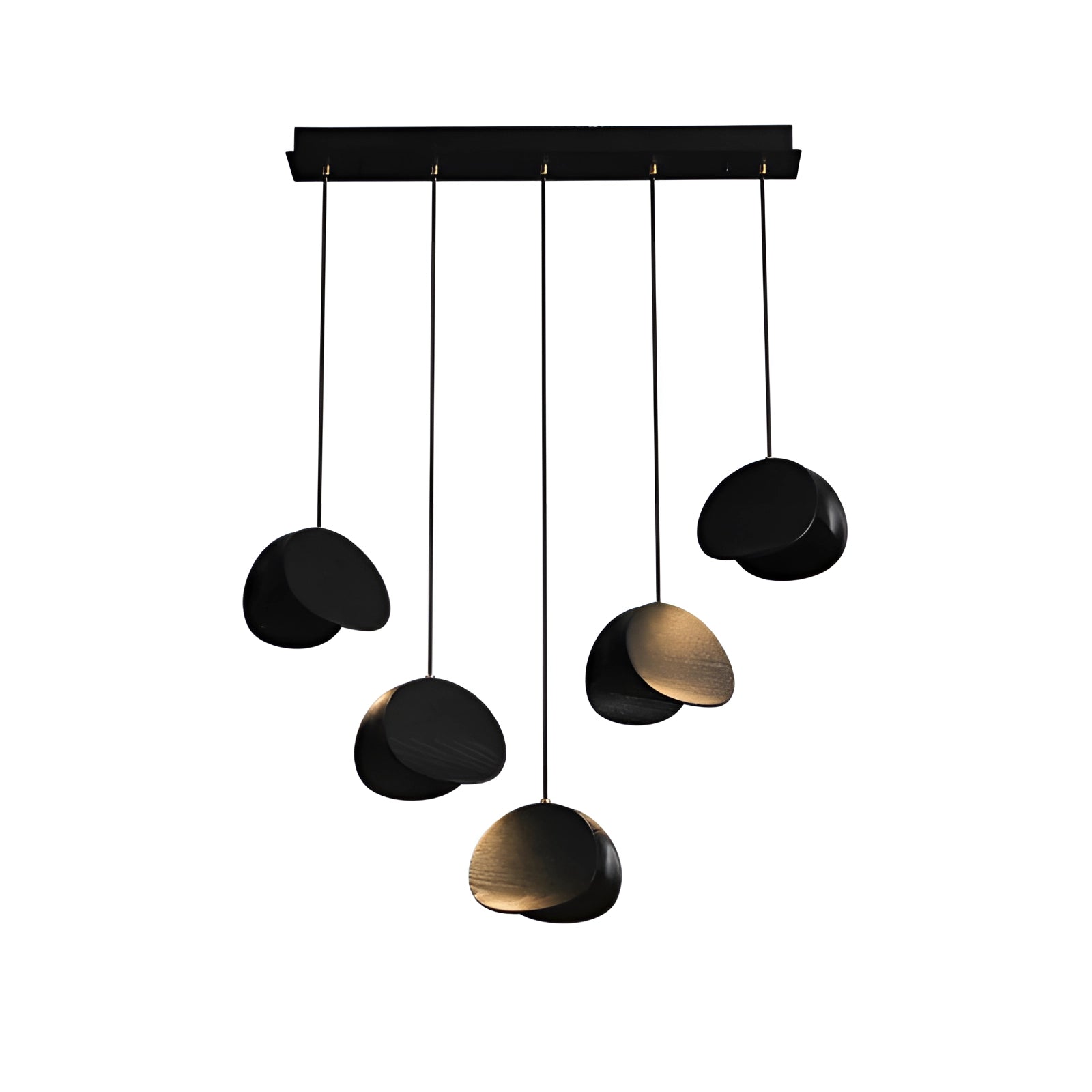 Modern Scandinavian geometric pendant light featuring a black finish with five cylinder-shaped heads, wood accents, and a circular ceiling fixture, suitable for contemporary interior design.
