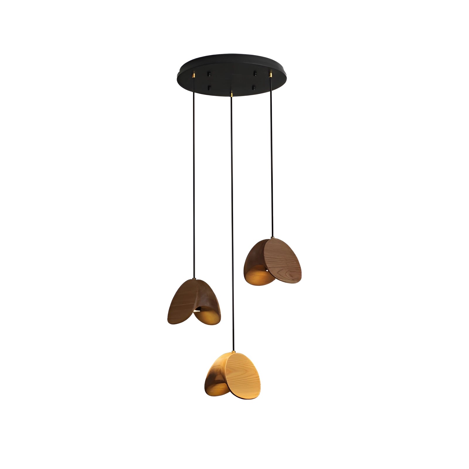Modern Scandinavian geometric pendant light with a wood accent, featuring three heads, each with a circular lampshade, hanging from the ceiling in a stylish and artistic design.