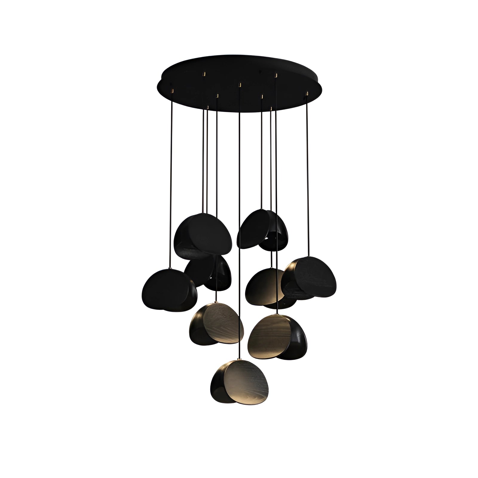 Modern Scandinavian geometric pendant light with a black finish and nine cylindrical heads, featuring wood accents and a sleek, artistic design, hanging from a ceiling.