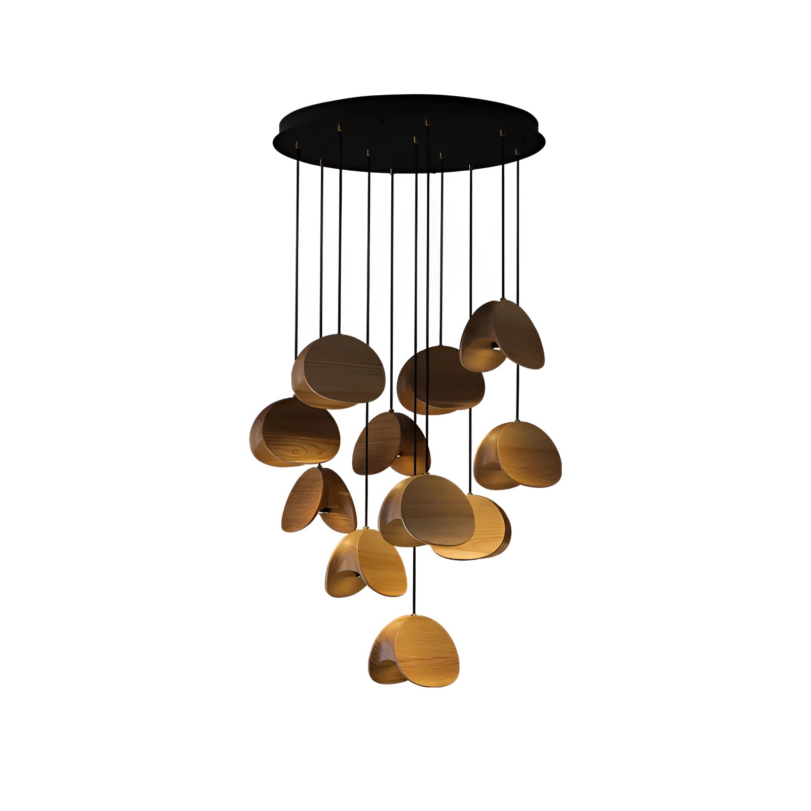 Modern Scandinavian geometric pendant light with wood accents, featuring 11 cylindrical lamp heads arranged in a circle. The fixture is elegantly suspended from the ceiling, showcasing a minimalist design with natural twig-like textures and a soft, warm illumination.