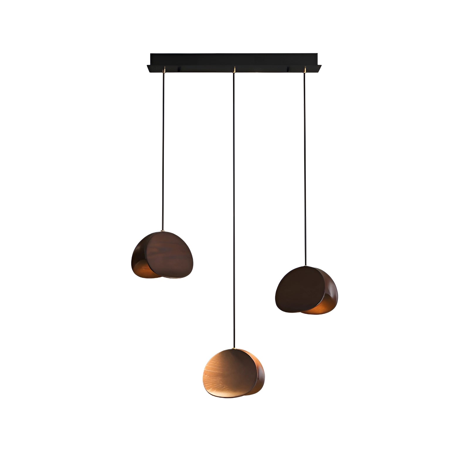 Modern Scandinavian geometric pendant light with three cylindrical wooden accents in walnut finish, featuring a sleek and artistic design. It is mounted as a ceiling fixture, showcasing a blend of circular and rectangular shapes for a balanced and contemporary aesthetic.