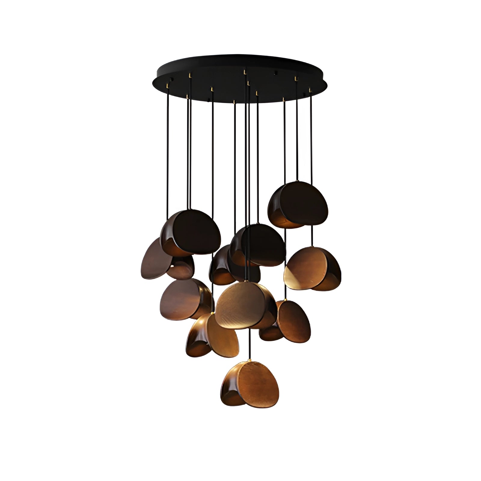 Modern Scandinavian geometric pendant light featuring a wood accent, with a walnut finish and 11 cylindrical heads, suspended from the ceiling, illuminating a space with its tints and shades.