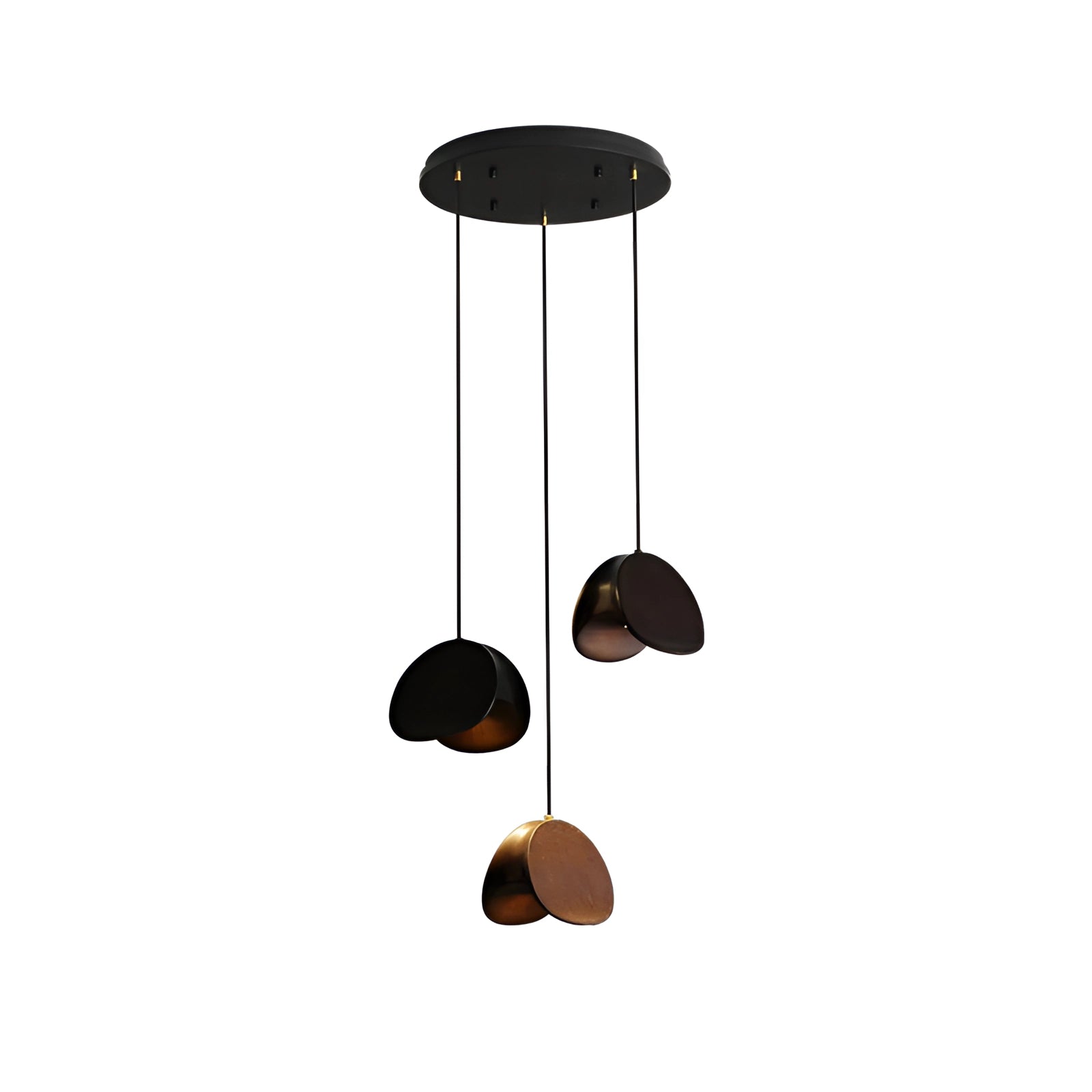 Modern Scandinavian geometric pendant light with wood accents, featuring three walnut-finished heads, each measuring 40 x 150 cm. The lamp hangs from the ceiling, showcasing a circular design that is both stylish and functional, ideal for contemporary home decor.