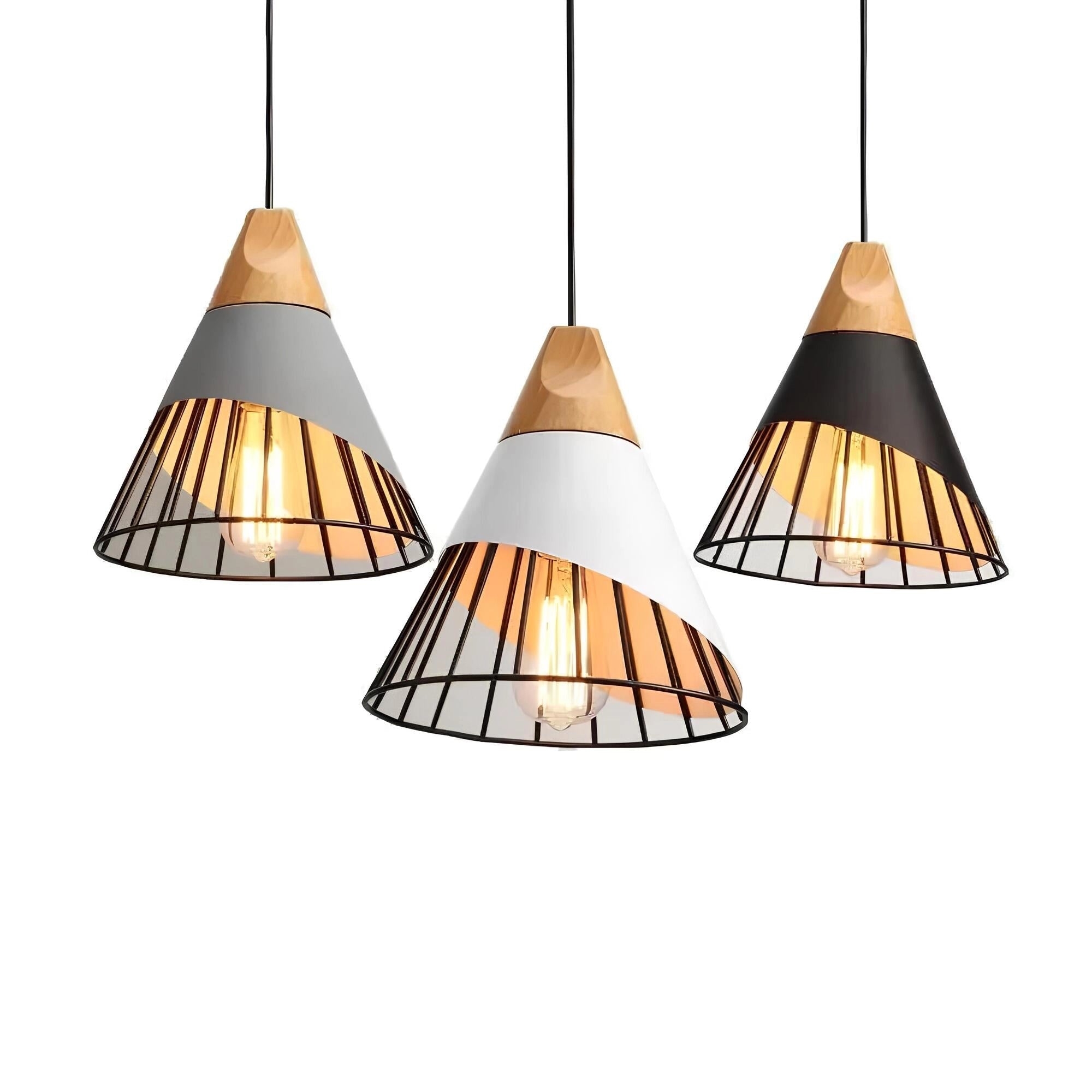 
Modern Scandinavian geometric pendant light with a black and white wooden design, featuring an amber-tinted shade, hanging as a ceiling fixture.