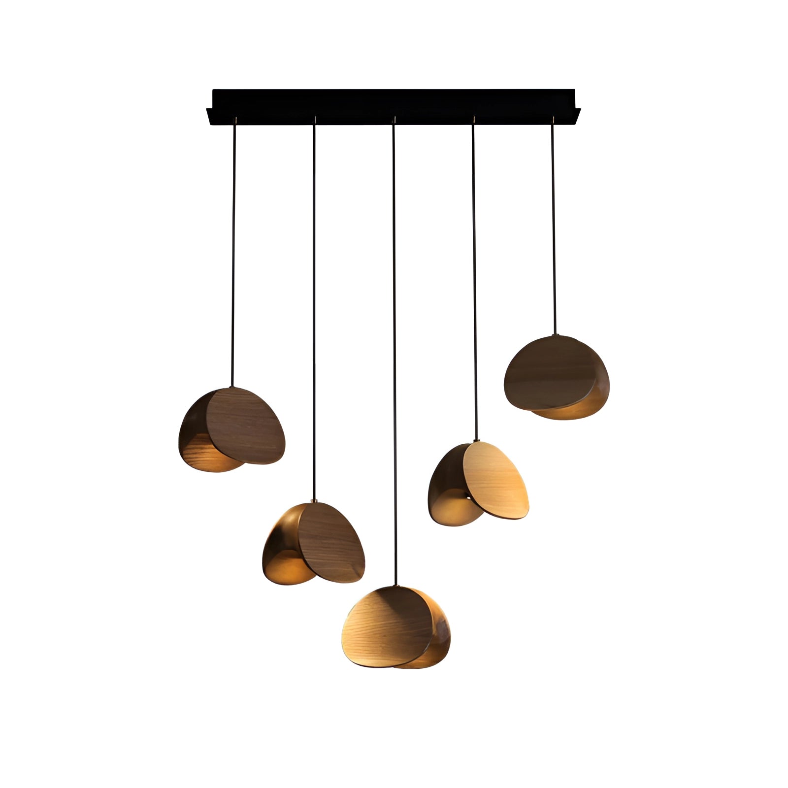 Modern Scandinavian geometric pendant light featuring a wood accent with five cylindrical heads arranged in a circular pattern, designed for ceiling installation, measuring 70 x 150 cm, providing a stylish and contemporary lighting solution for interior spaces.