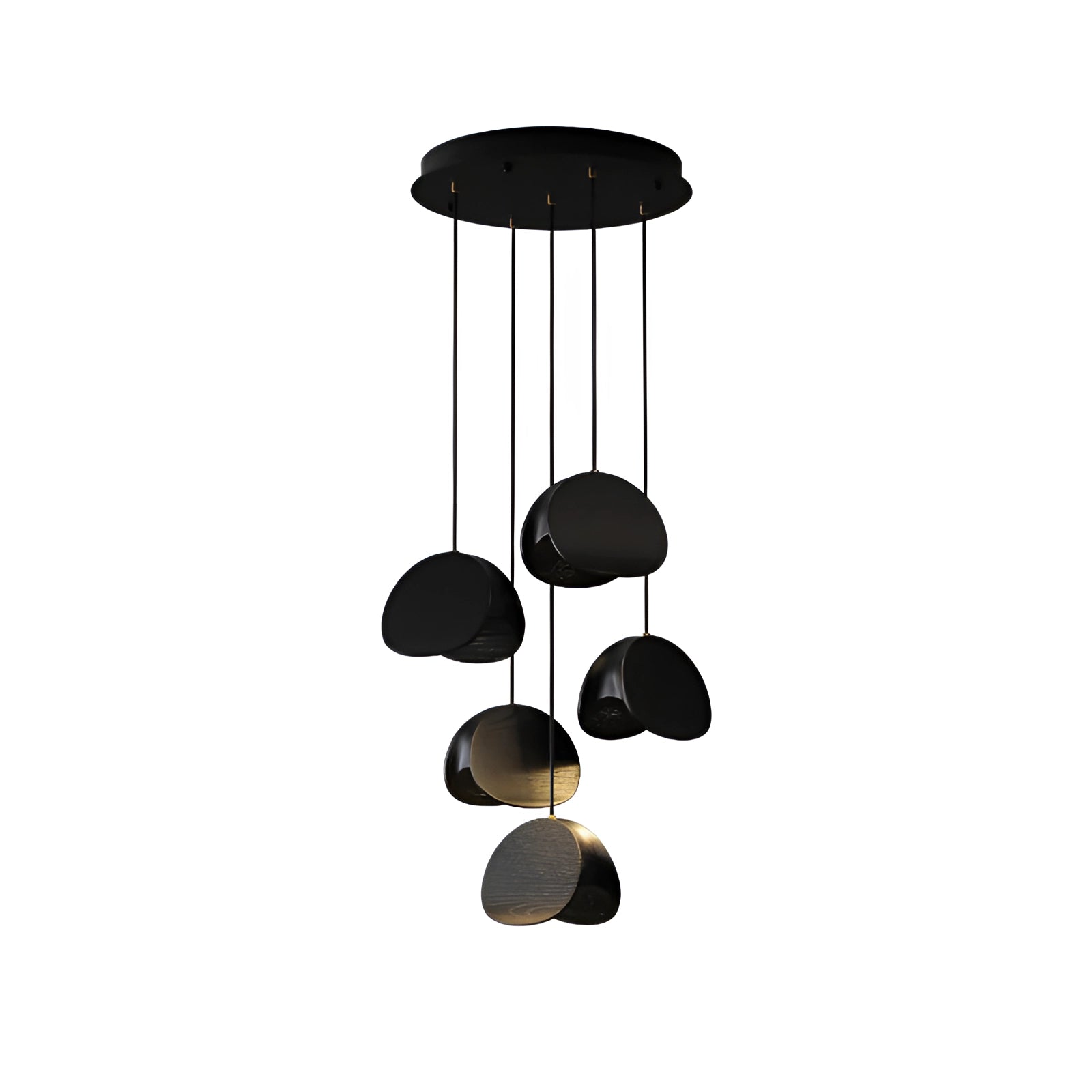Modern Scandinavian geometric pendant light with a wood accent, featuring a black finish and five cylindrical heads, designed to be a stylish ceiling fixture measuring 40 x 150 cm.