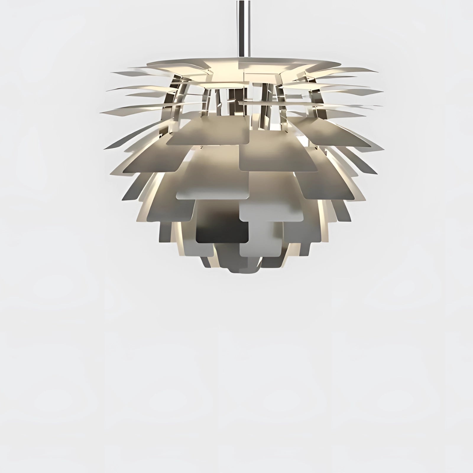 Modern Scandinavian pendant lamp with a wooden slat design in a chandelier style, featuring a silver finish and dimensions of 72 x 65 cm, hanging from a ceiling as part of a contemporary interior décor.